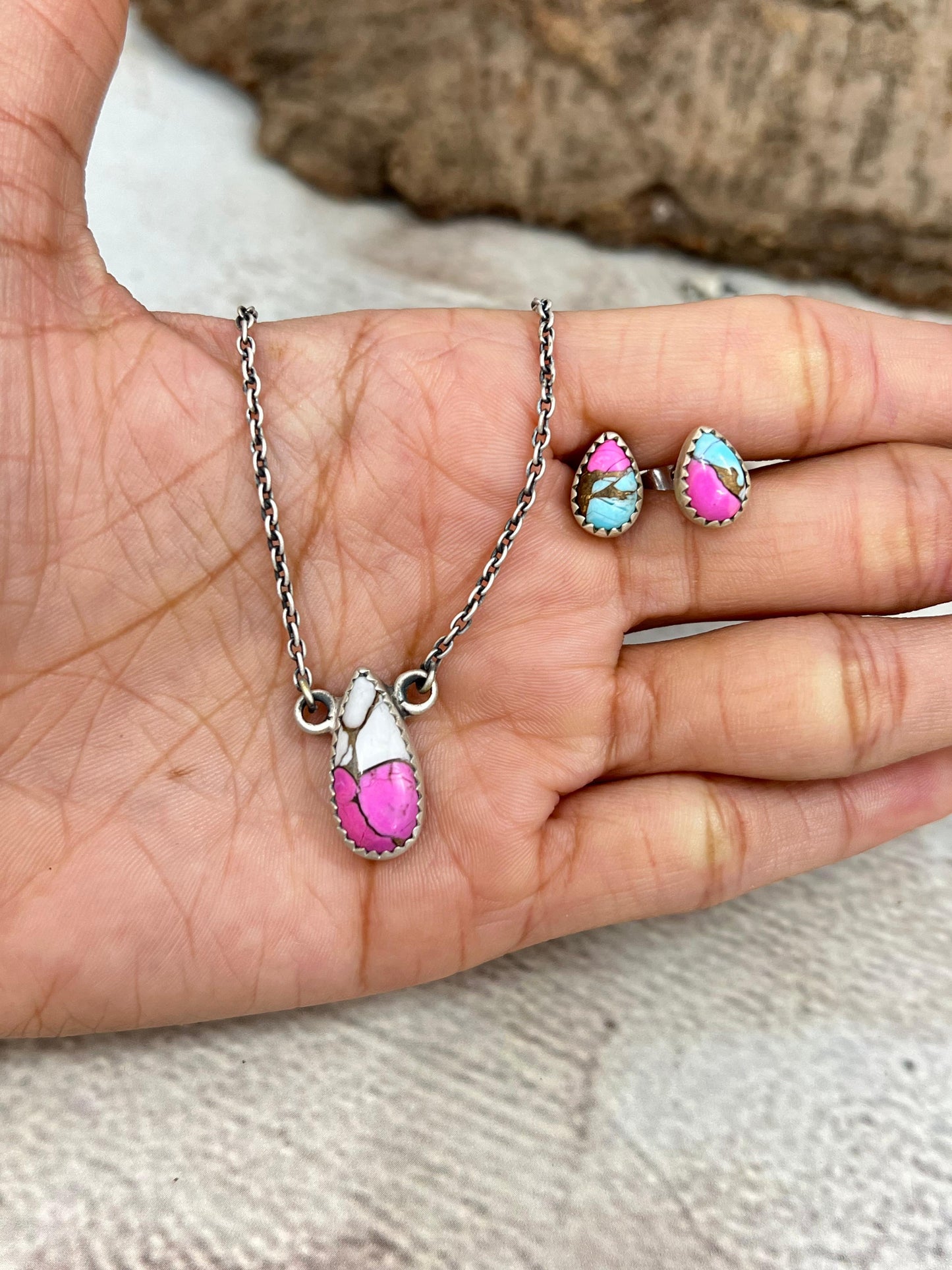 Handmade Sterling Silver Cotton Candy Turquoise Necklace Earrings Set with Signed Nizhoni