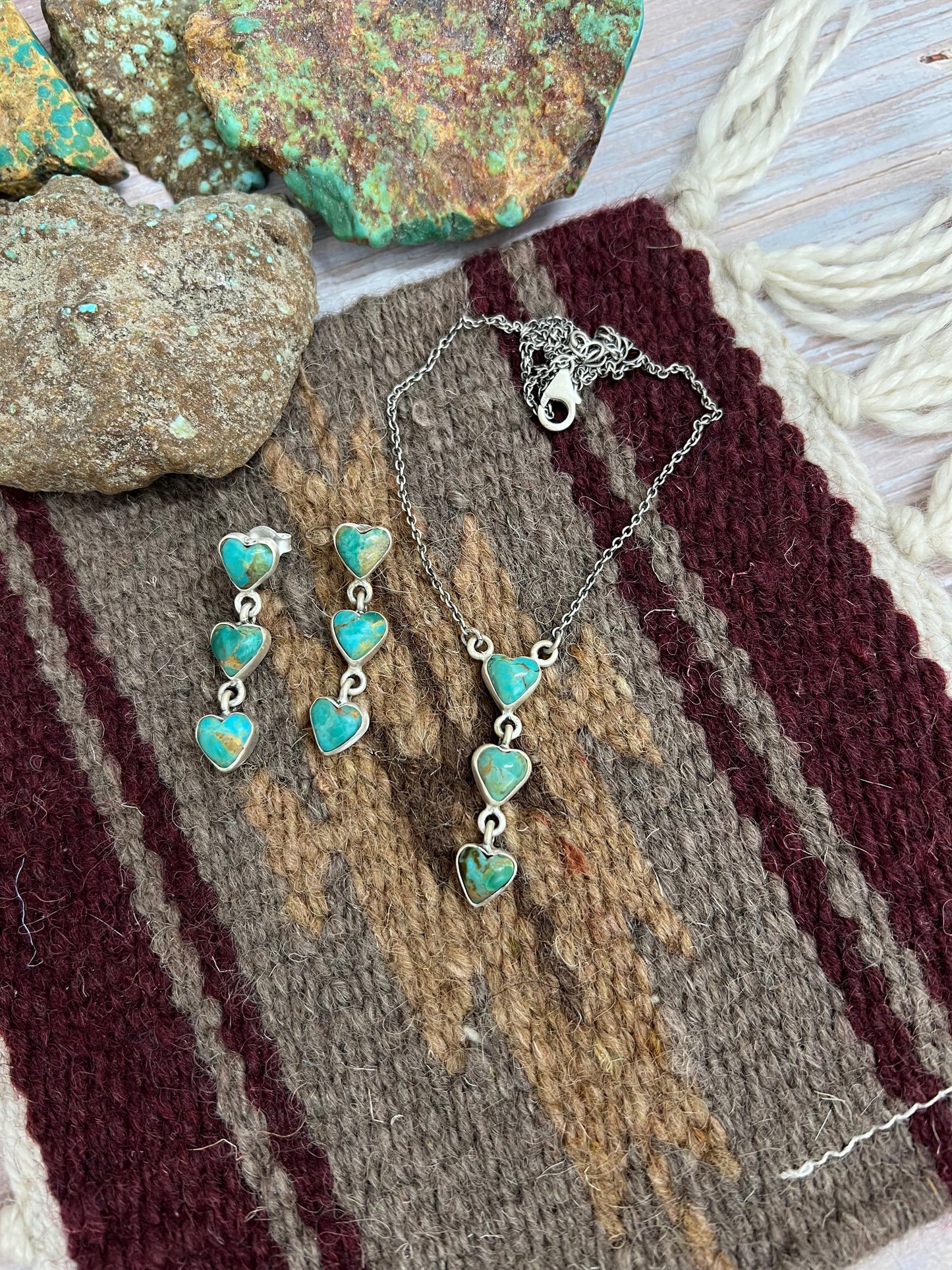 Handmade Sterling Silver Kingman Turquoise Heart Necklace Earrings Set with Signed Nizhoni