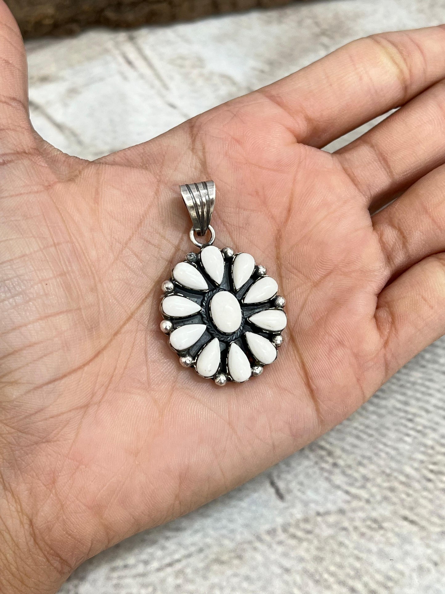 Handmade Sterling Silver White Buffalo Turquoise Pendant with Signed Nizhoni