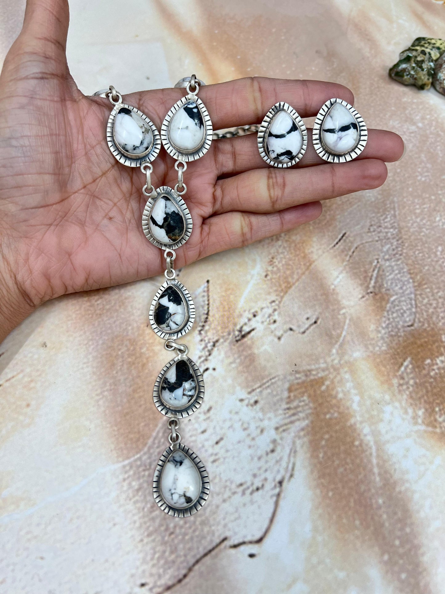 Handmade Sterling Silver White Buffalo Turquoise, Peacock Dahlia Necklace Earrings Set, Signed Nizhoni