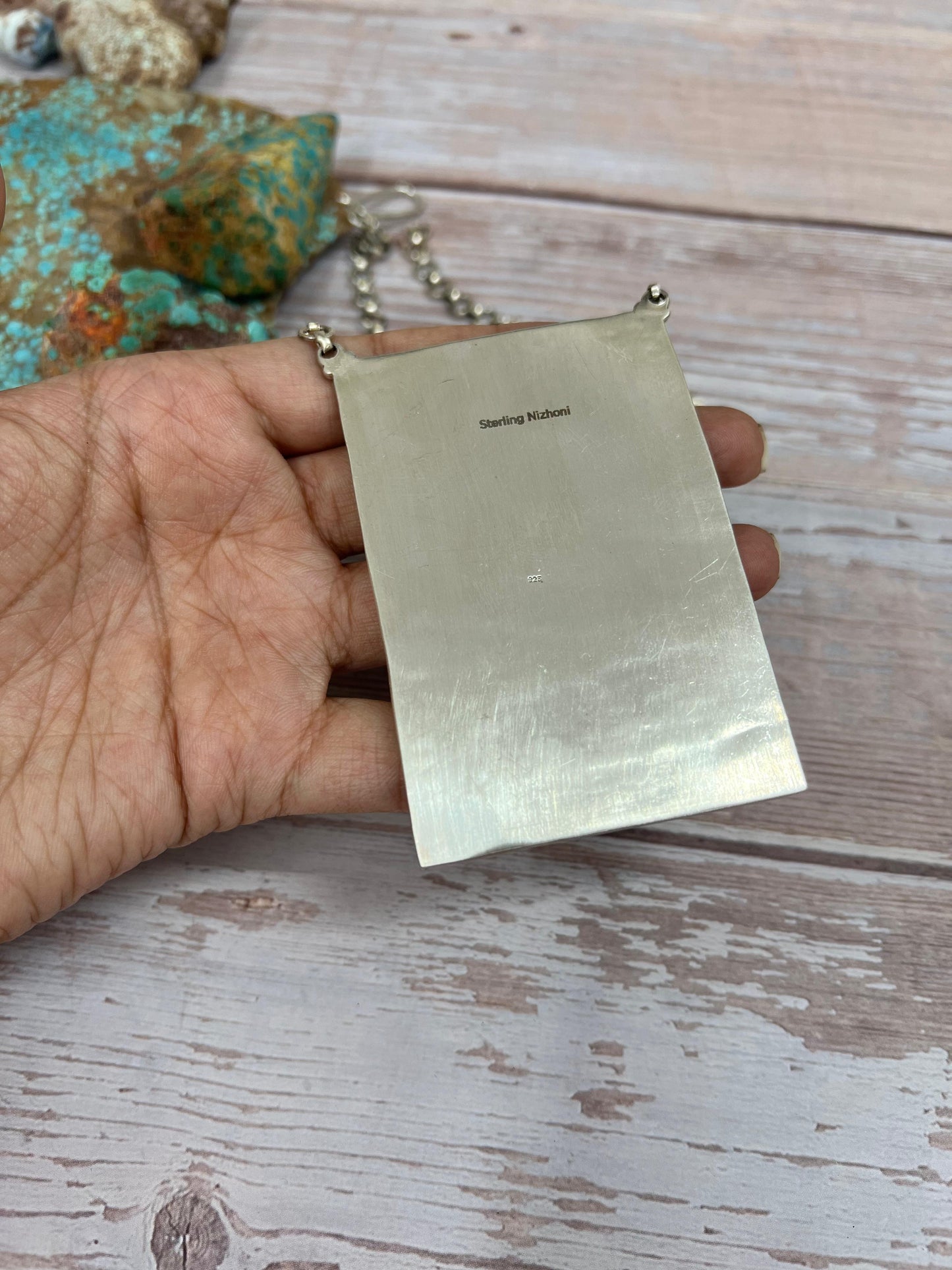 Handmade Sterling Silver Sonoran Mountain Turquoise Necklace with Signed Nizhoni (3)