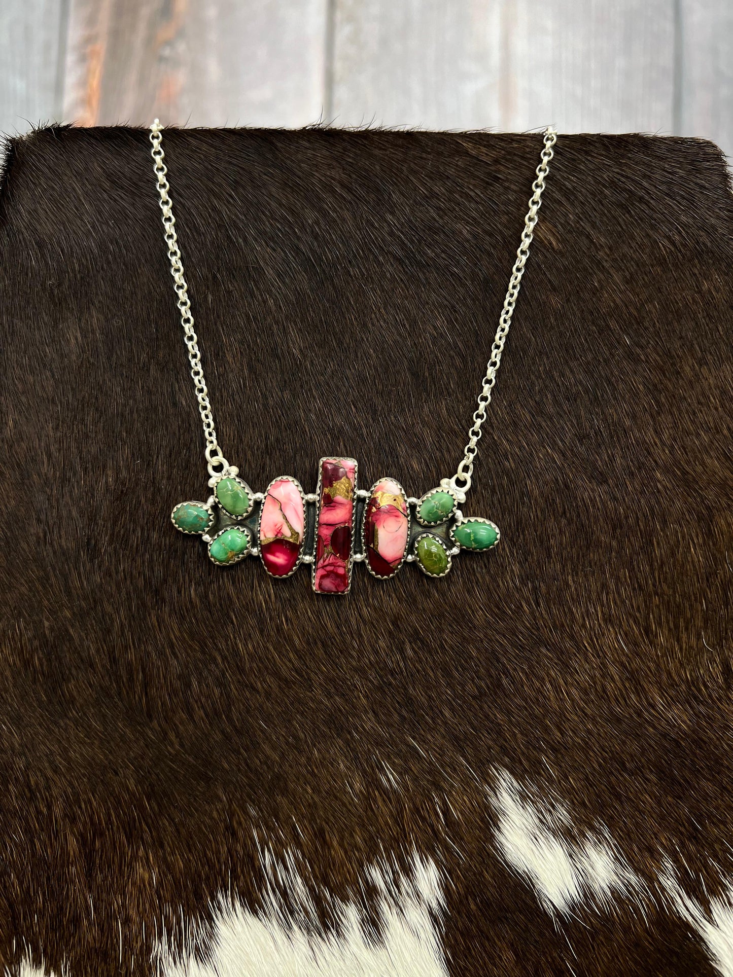 Handmade Sterling Silver Dahlia Rose with Emerald Valley Necklace with Signed Nizhoni