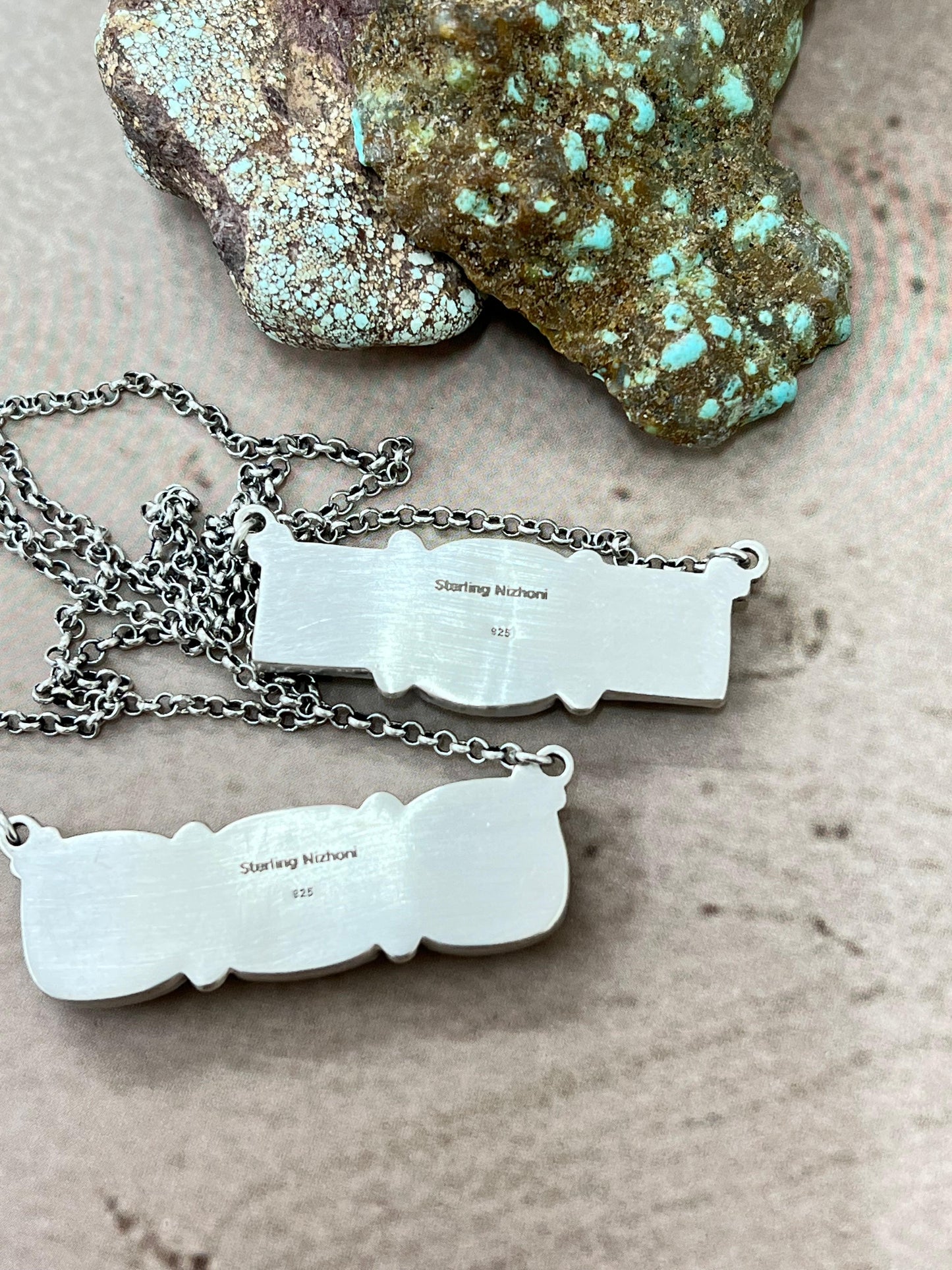 Handmade Sterling Silver Ribbon Royston Necklace with Signed Nizhoni