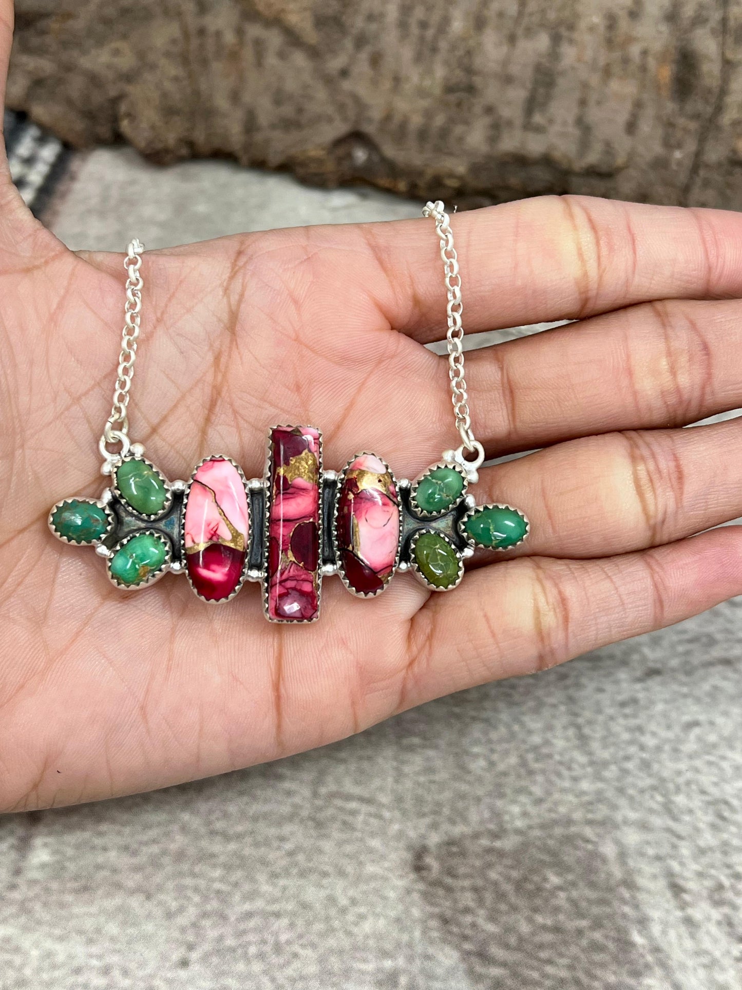 Handmade Sterling Silver Dahlia Rose with Emerald Valley Necklace with Signed Nizhoni