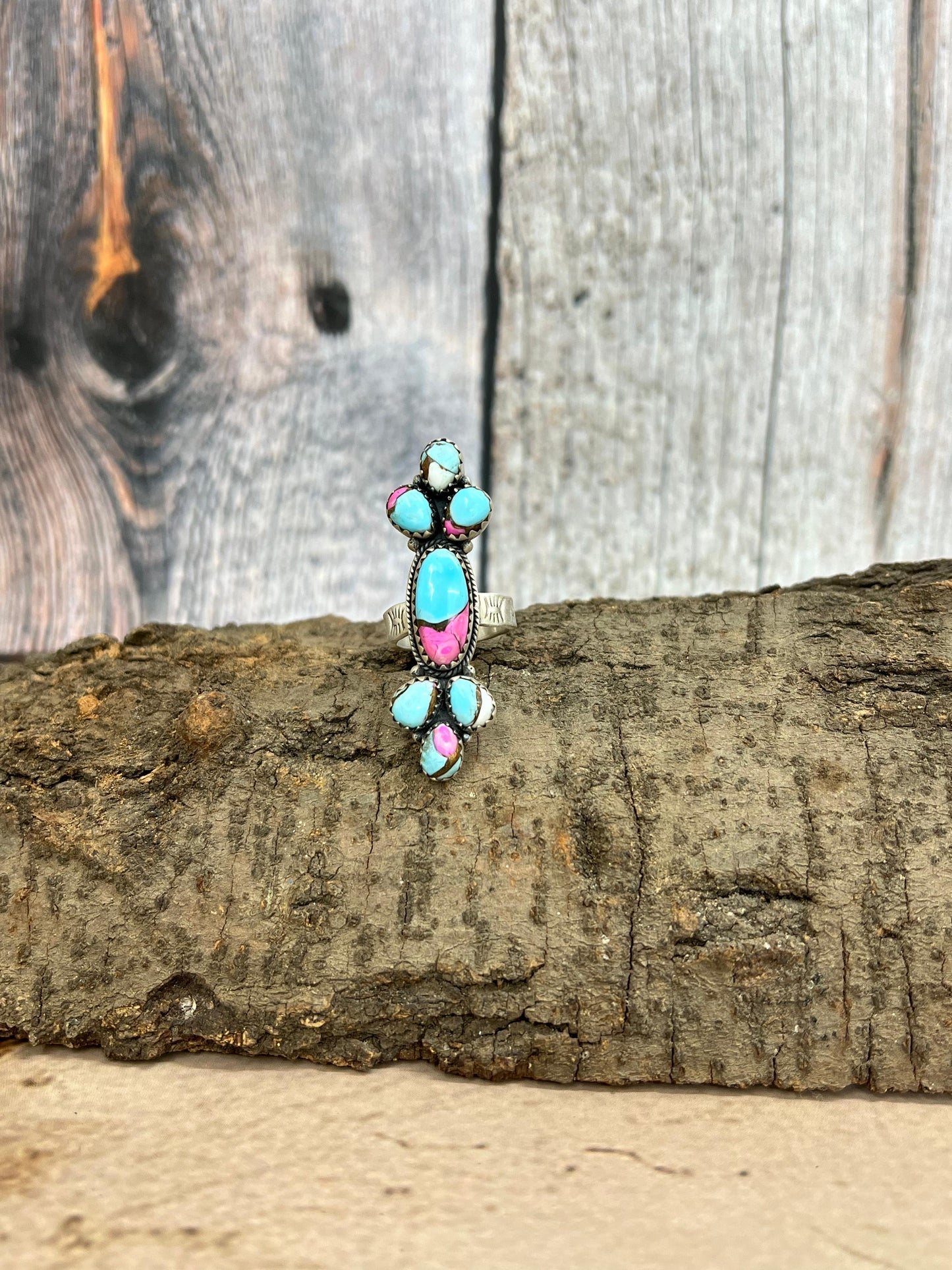 Handmade Sterling Silver Cotton Candy Turquoise Adjustable Rings with Signed Nizhoni