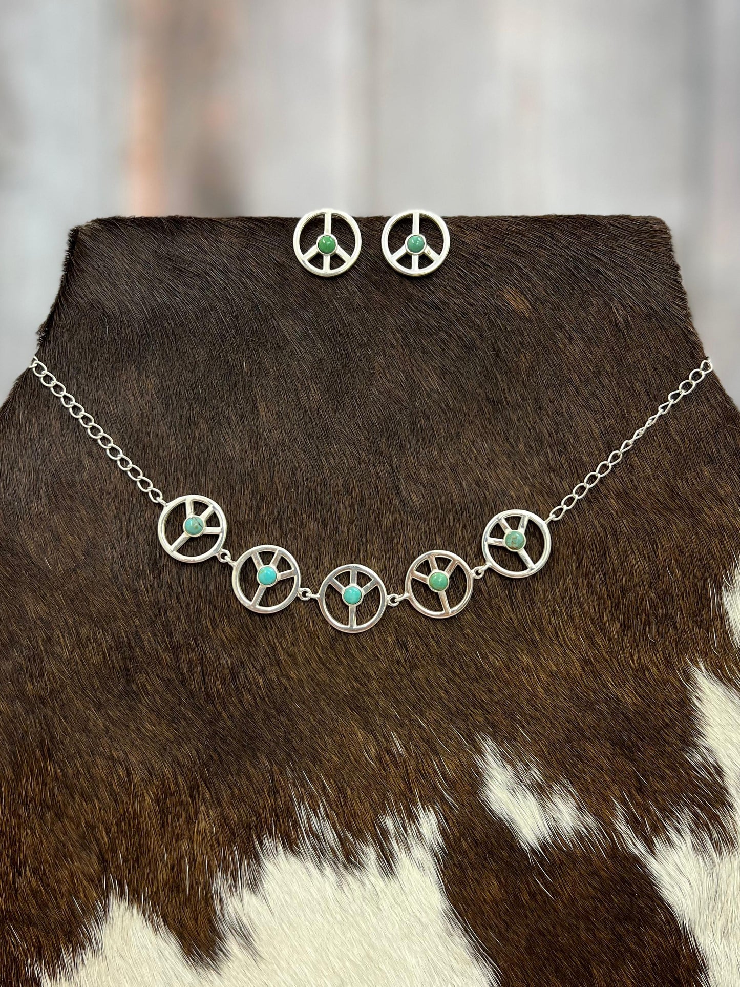 Handmade Sterling Silver Kingman Turquoise Necklace Earrings Set with Signed Nizhoni