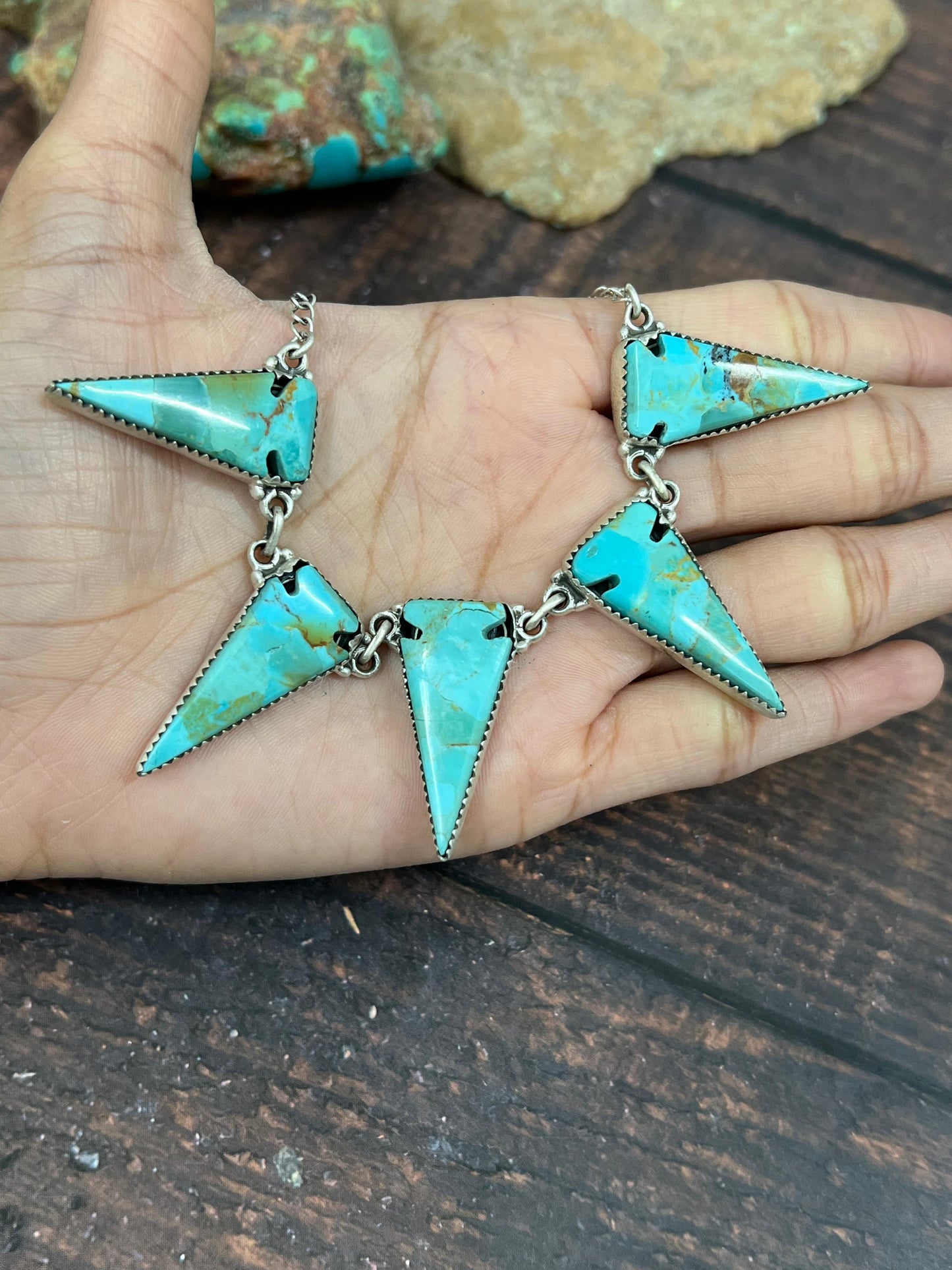 Handmade Sterling Silver Kingman Turquoise Necklace with Signed Nizhoni