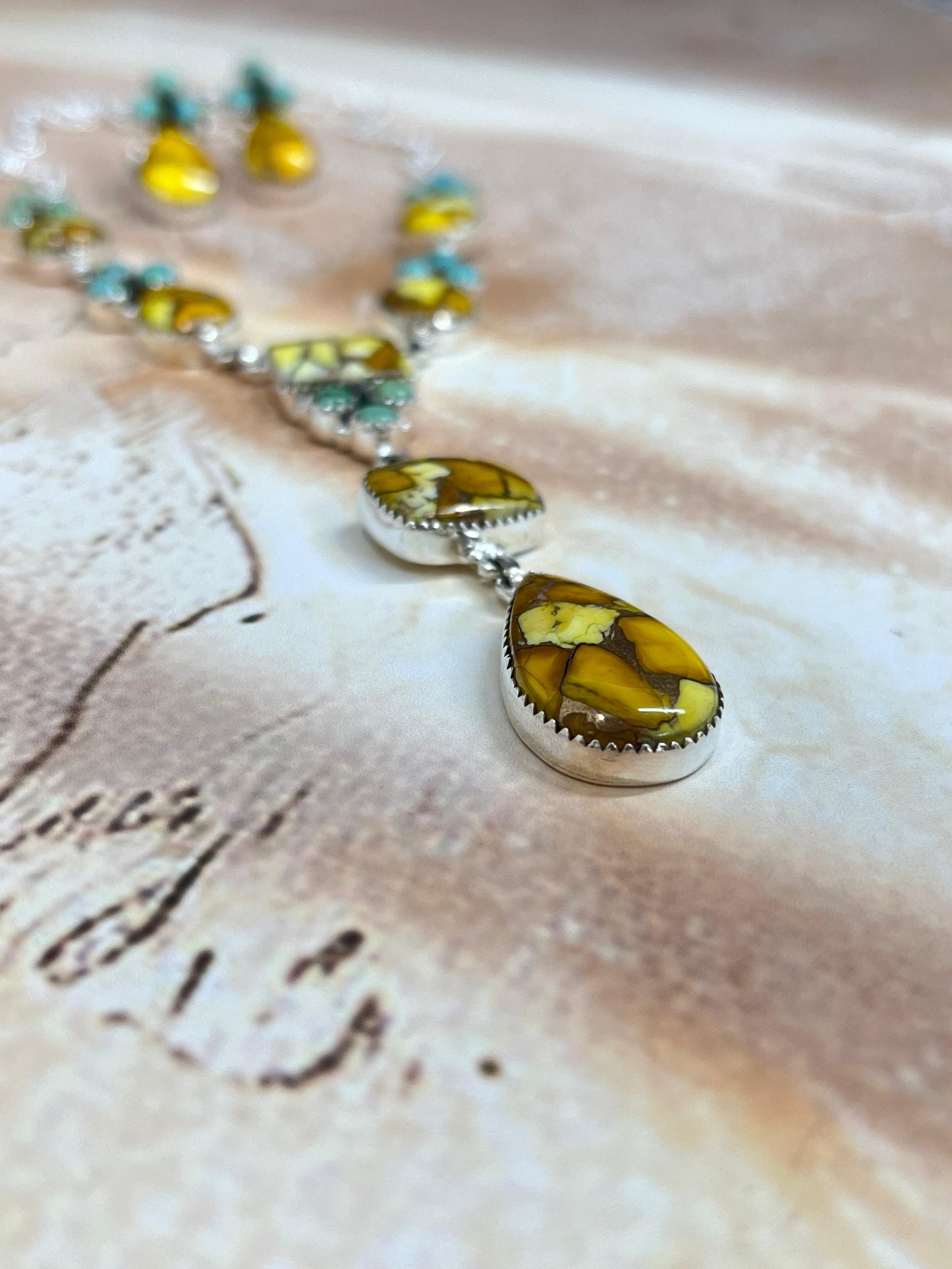 Handmade Sterling Silver Honey Dahlia with Kingman Turquoise Necklace Earrings Set, Signed Nizhoni