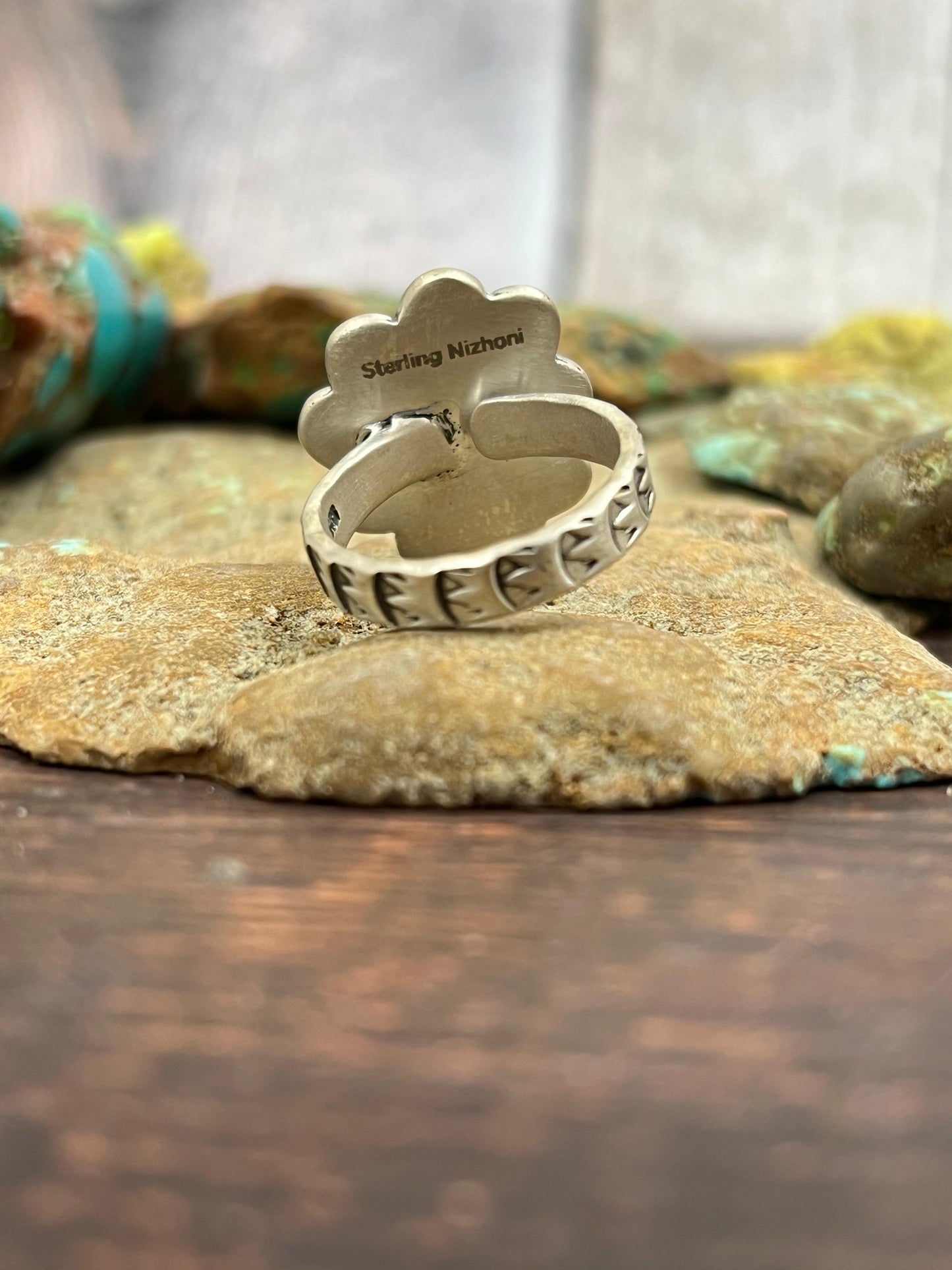 Handmade Sterling Silver Peacock Dahlia Adjustable Ring with Signed Nizhoni