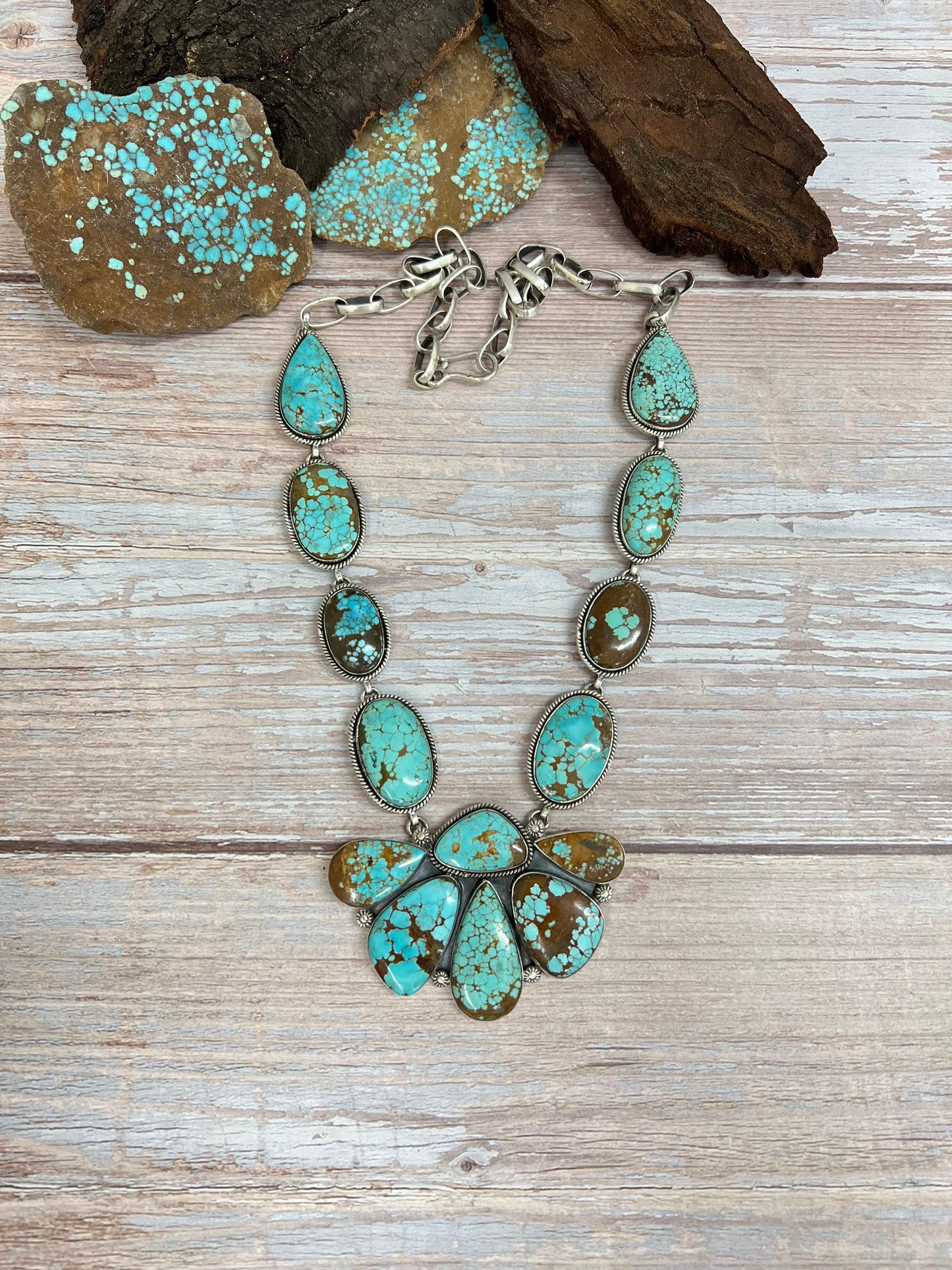 Handmade Sterling Silver Number 8 Turquoise Necklace with Signed Nizhoni