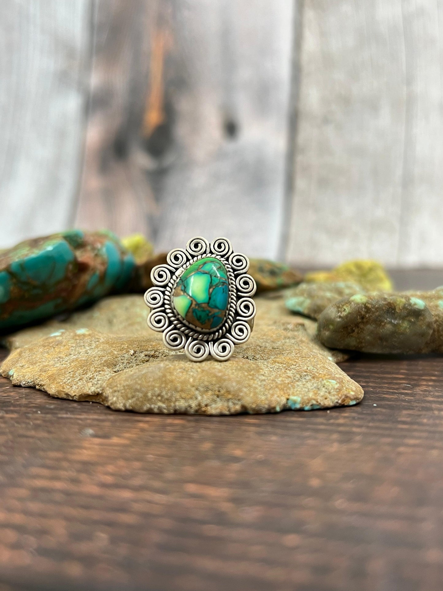 Handmade Sterling Silver Peacock Dahlia Adjustable Ring with Signed Nizhoni