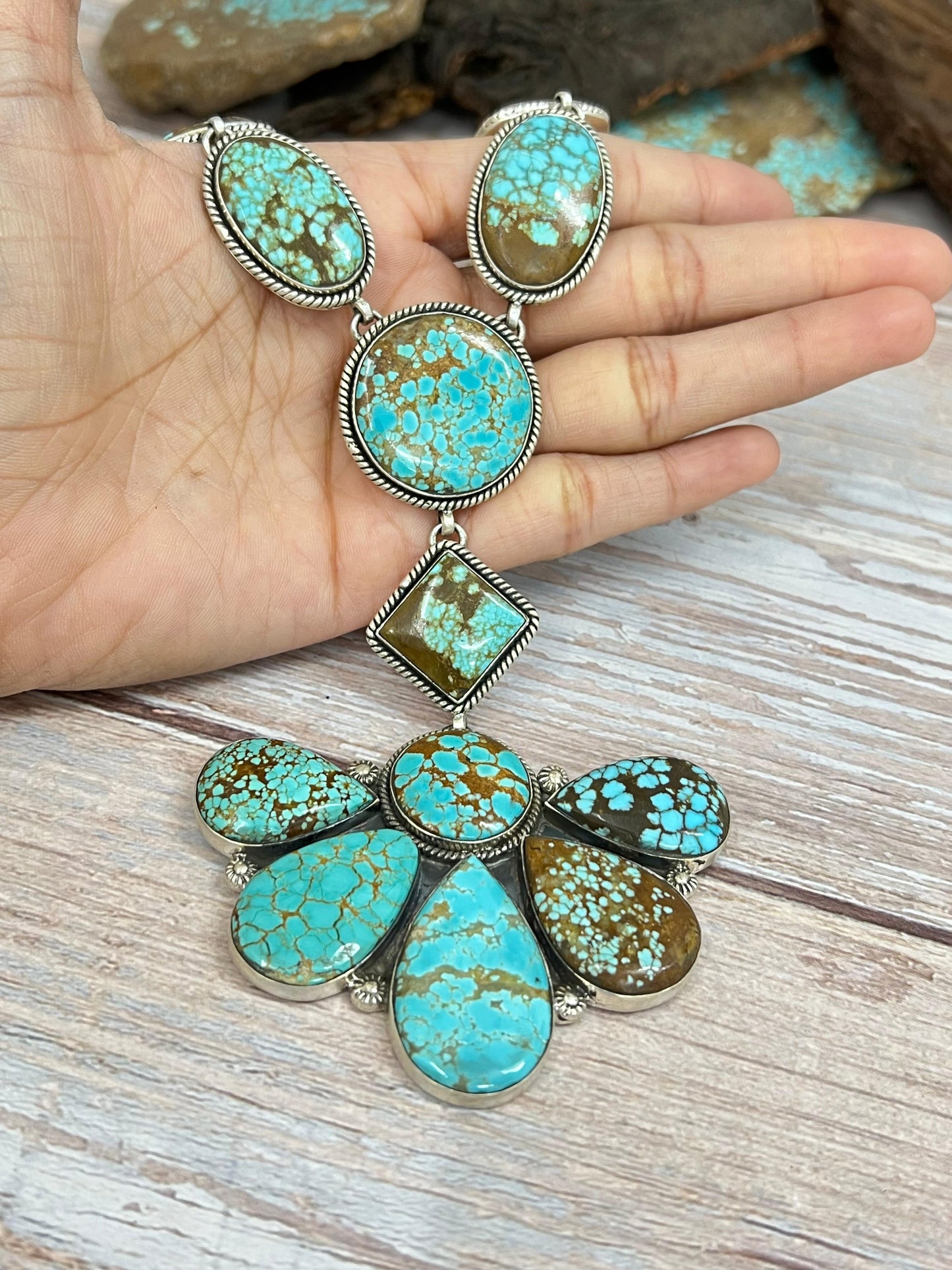 Handmade Sterling Silver Number 8 Turquoise Necklace with Signed Nizhoni