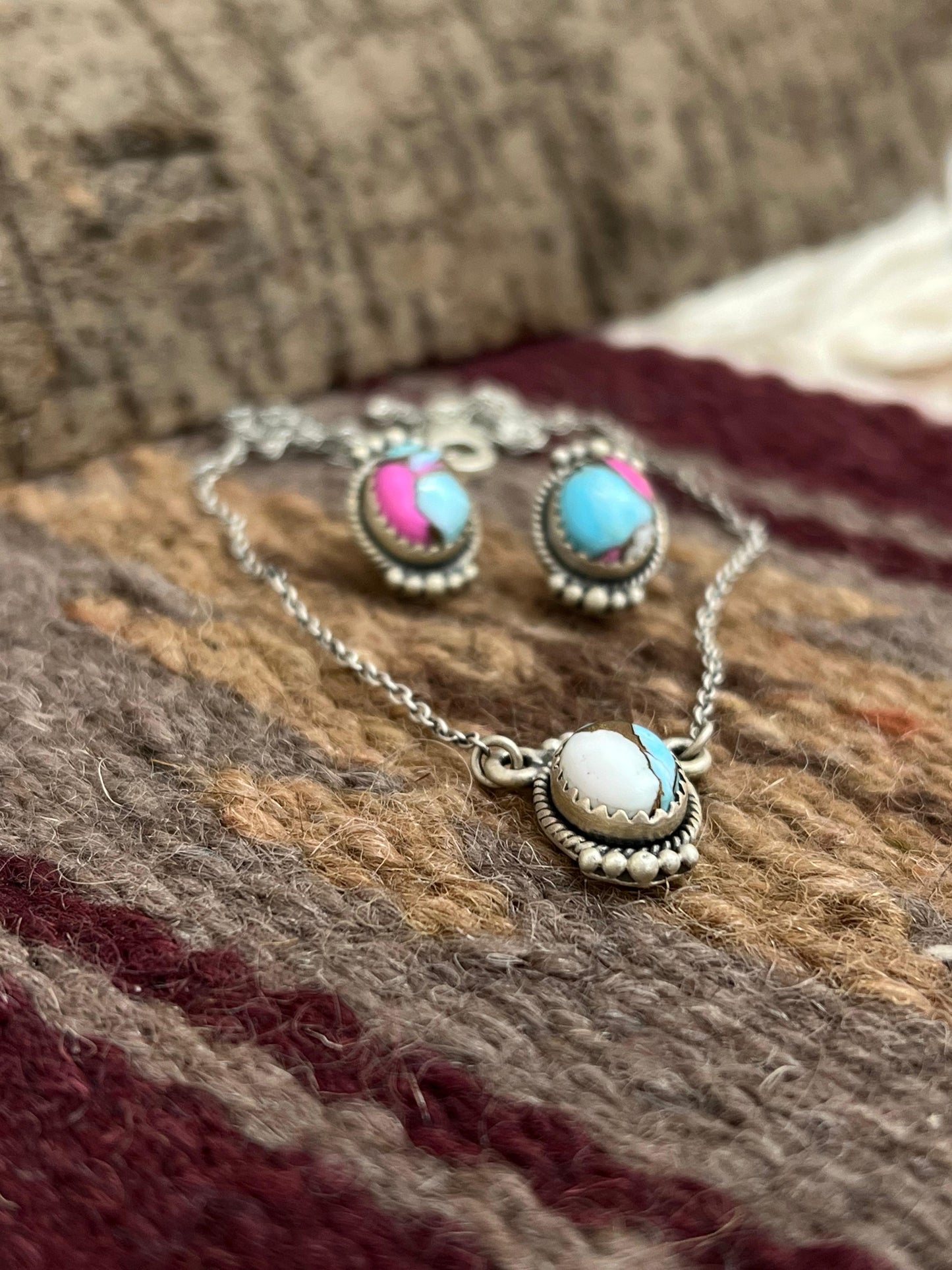 Handmade Sterling Silver Cotton Candy Turquoise Necklace Earrings Set, Signed Nizhoni (5)