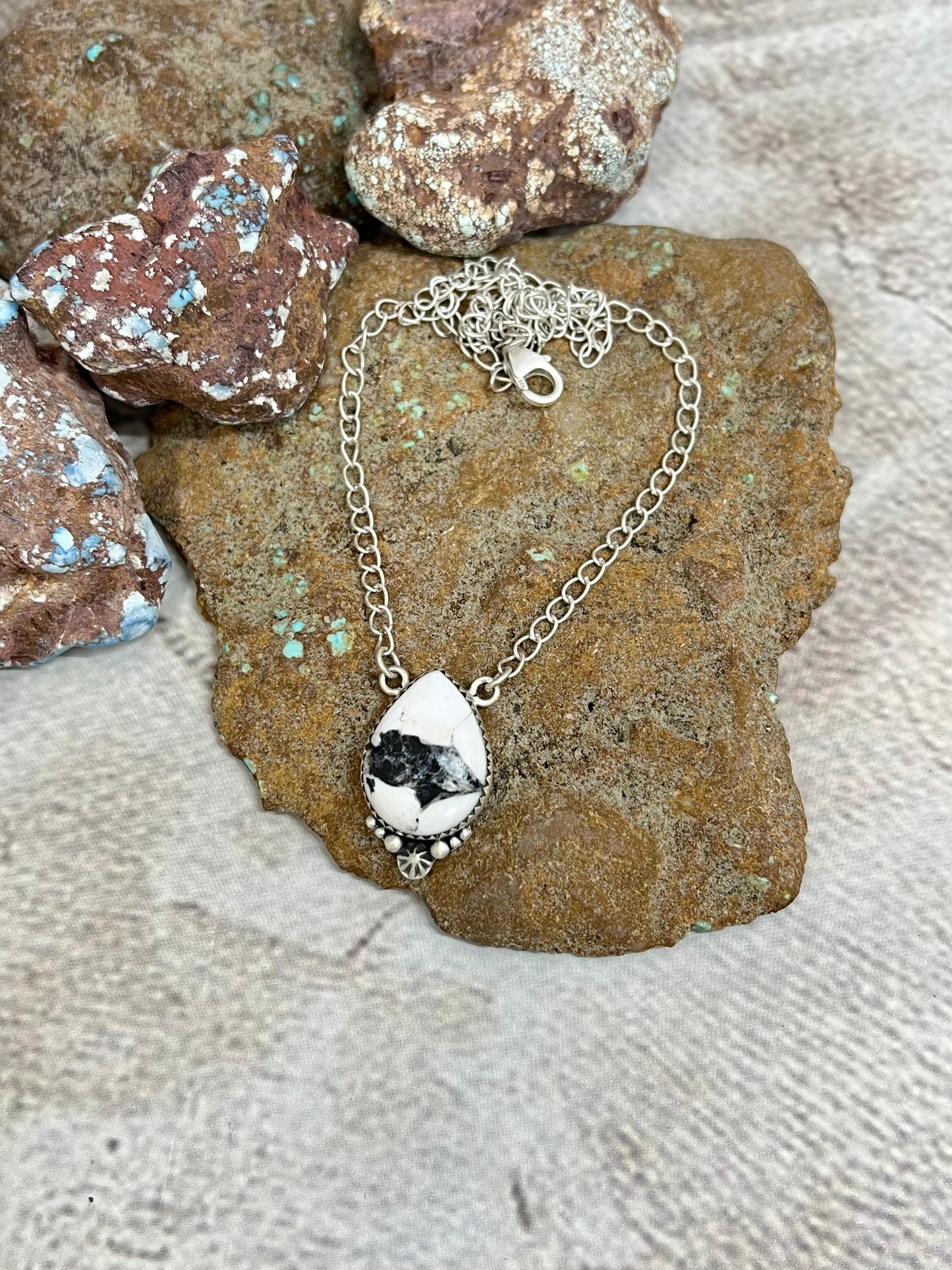 Handmade Sterling Silver White Buffalo Turquoise Necklace with Signed Nizhoni