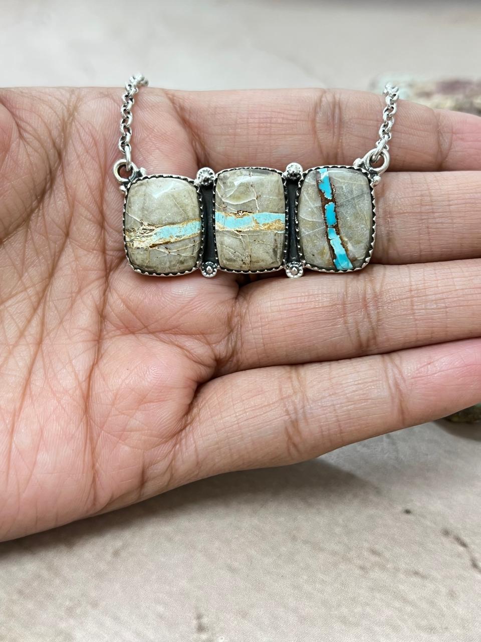 Handmade Sterling Silver Ribbon Royston Necklace with Signed Nizhoni