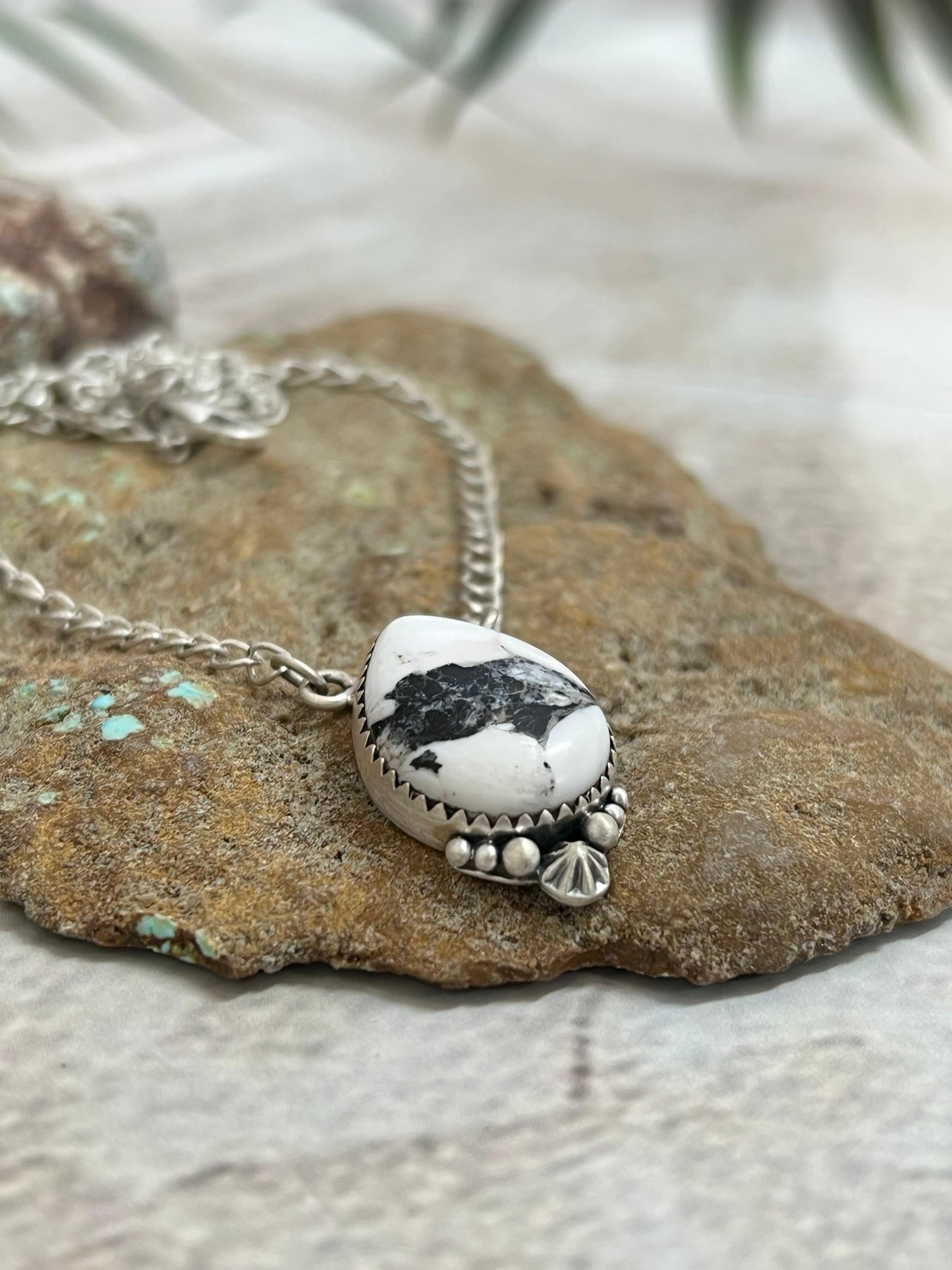 Handmade Sterling Silver White Buffalo Turquoise Necklace with Signed Nizhoni