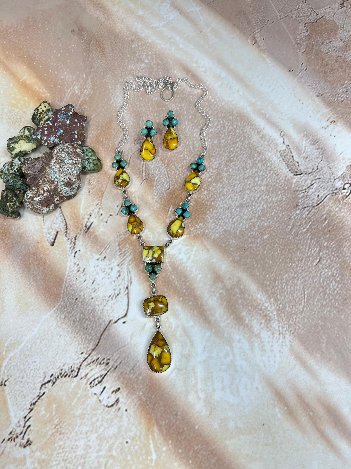 Handmade Sterling Silver Honey Dahlia with Kingman Turquoise Necklace Earrings Set, Signed Nizhoni