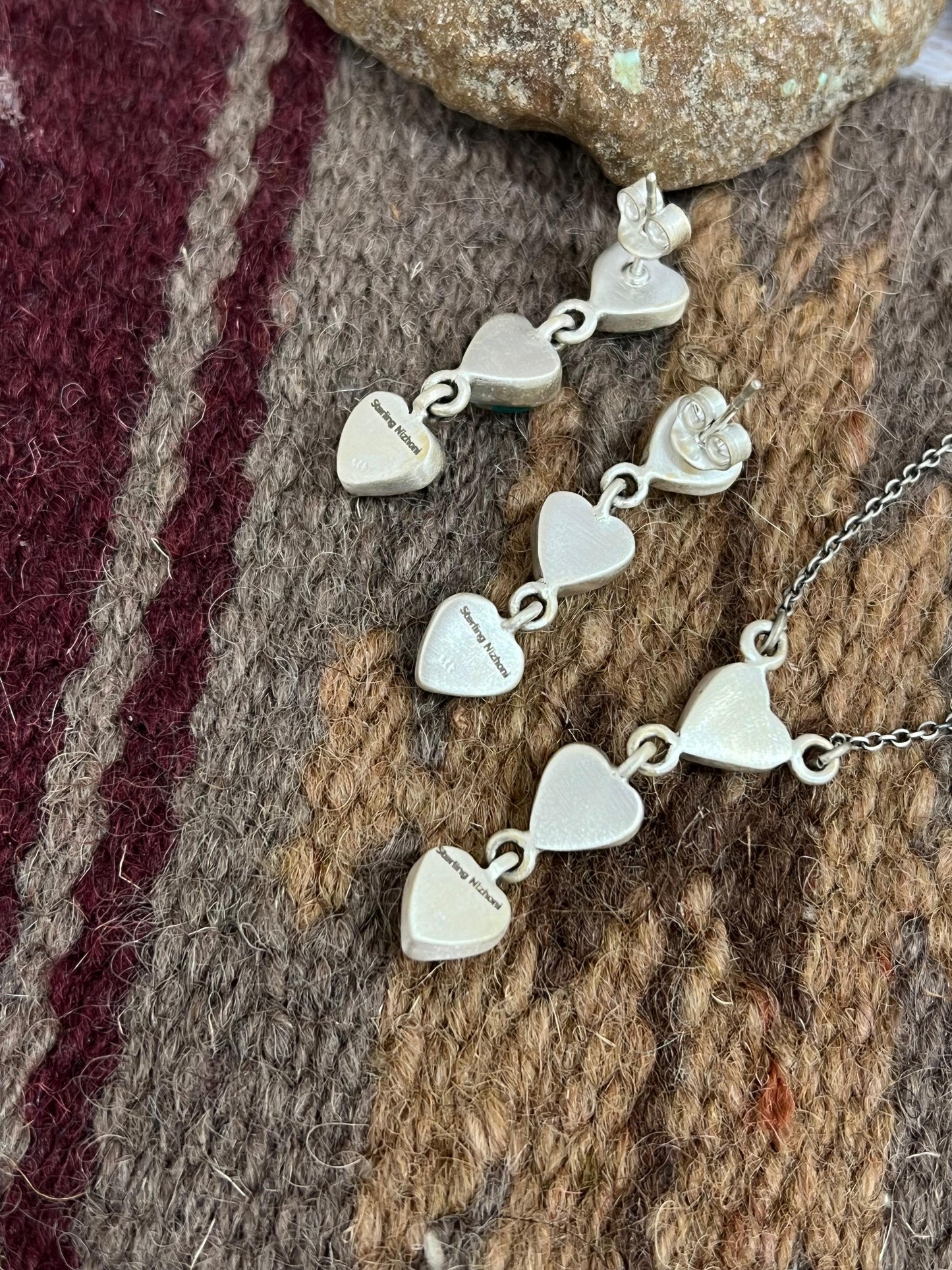 Handmade Sterling Silver Kingman Turquoise Heart Necklace Earrings Set with Signed Nizhoni