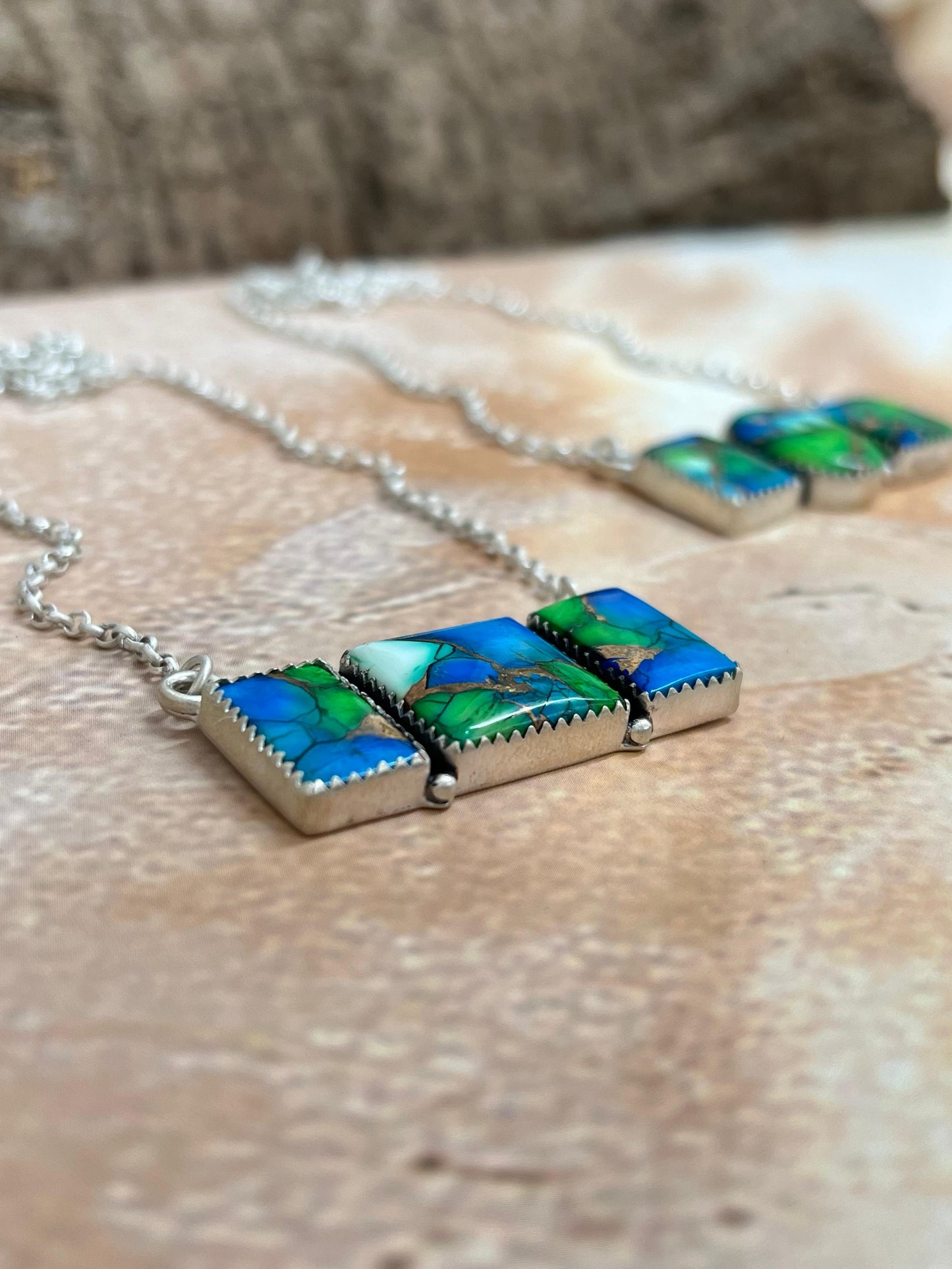 Handmade Sterling Silver Peacock Dahlia Necklace with Signed Nizhoni