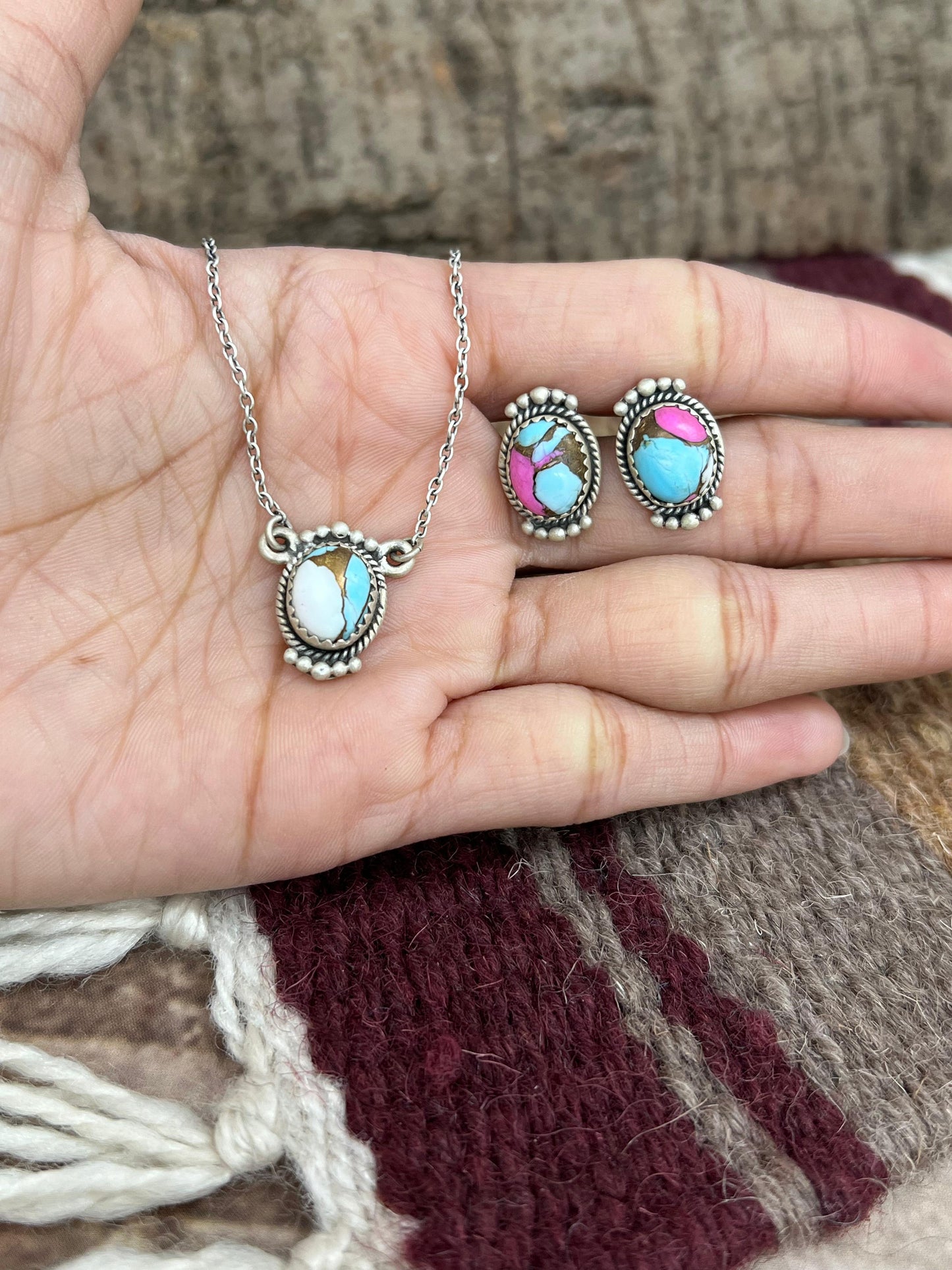 Handmade Sterling Silver Cotton Candy Turquoise Necklace Earrings Set, Signed Nizhoni (5)