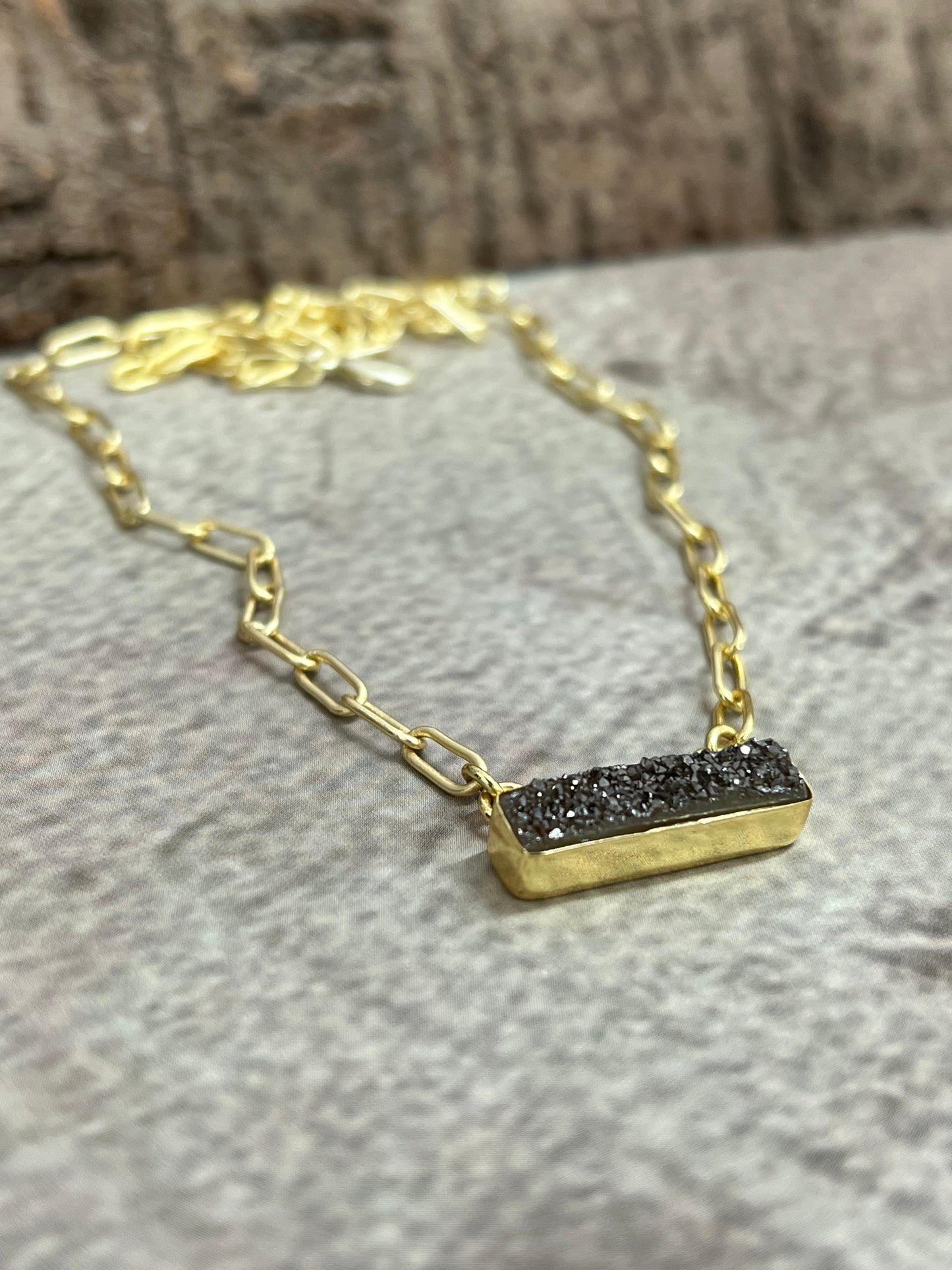 “The Boho Collection” Handmade Natural Druzy Charcoal Bar Necklace