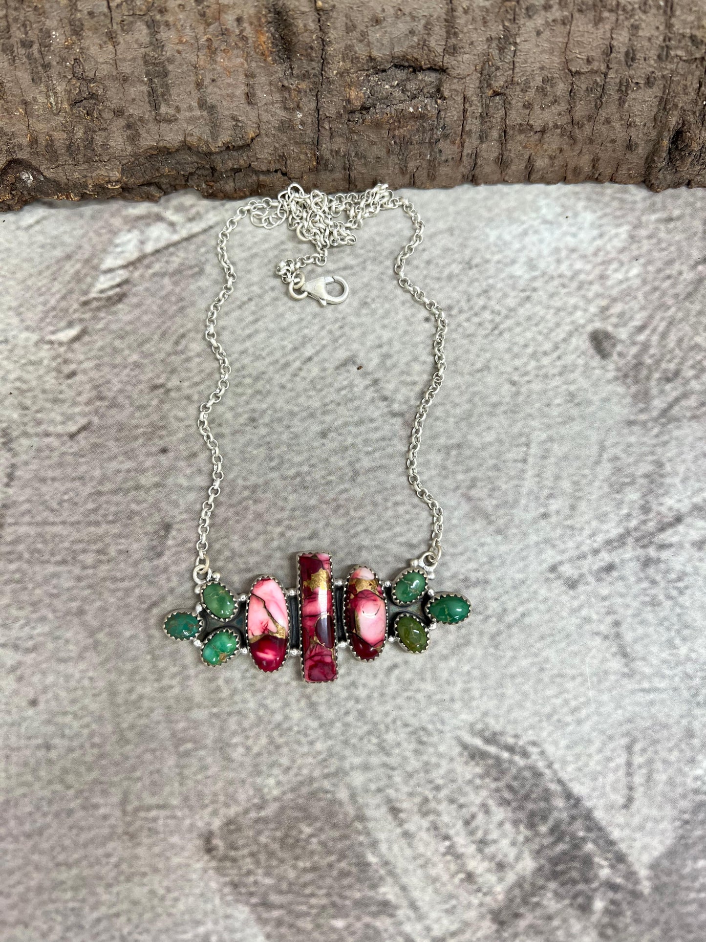 Handmade Sterling Silver Dahlia Rose with Emerald Valley Necklace with Signed Nizhoni