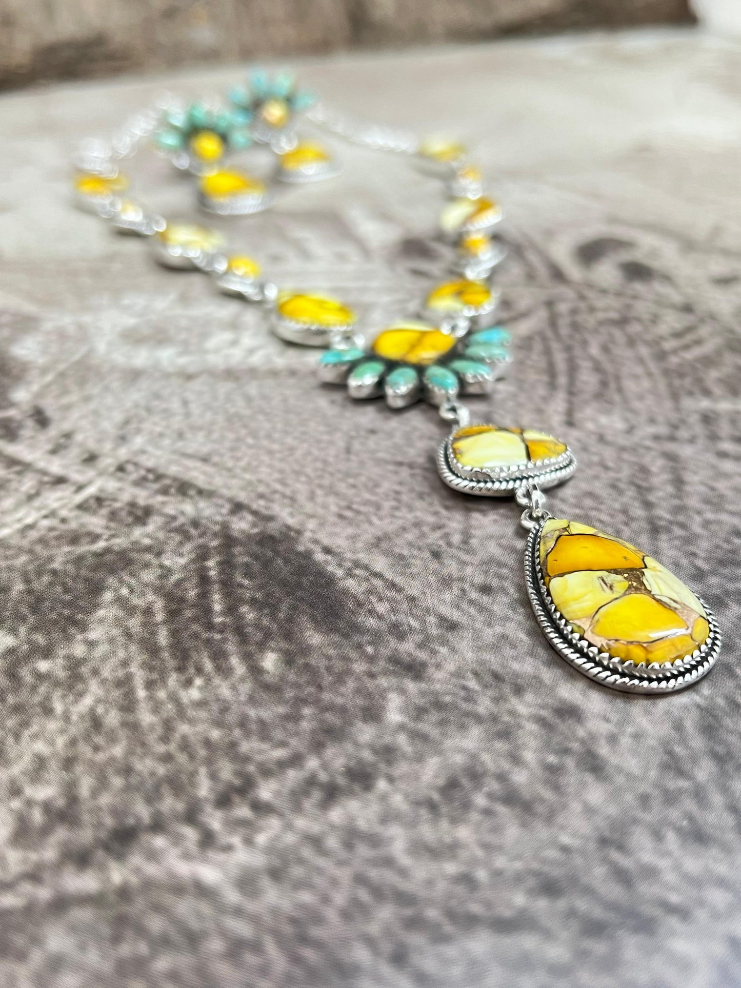 Handmade Sterling Silver Honey Dahlia with Kingman Turquoise Necklace Earrings Set, Signed Nizhoni