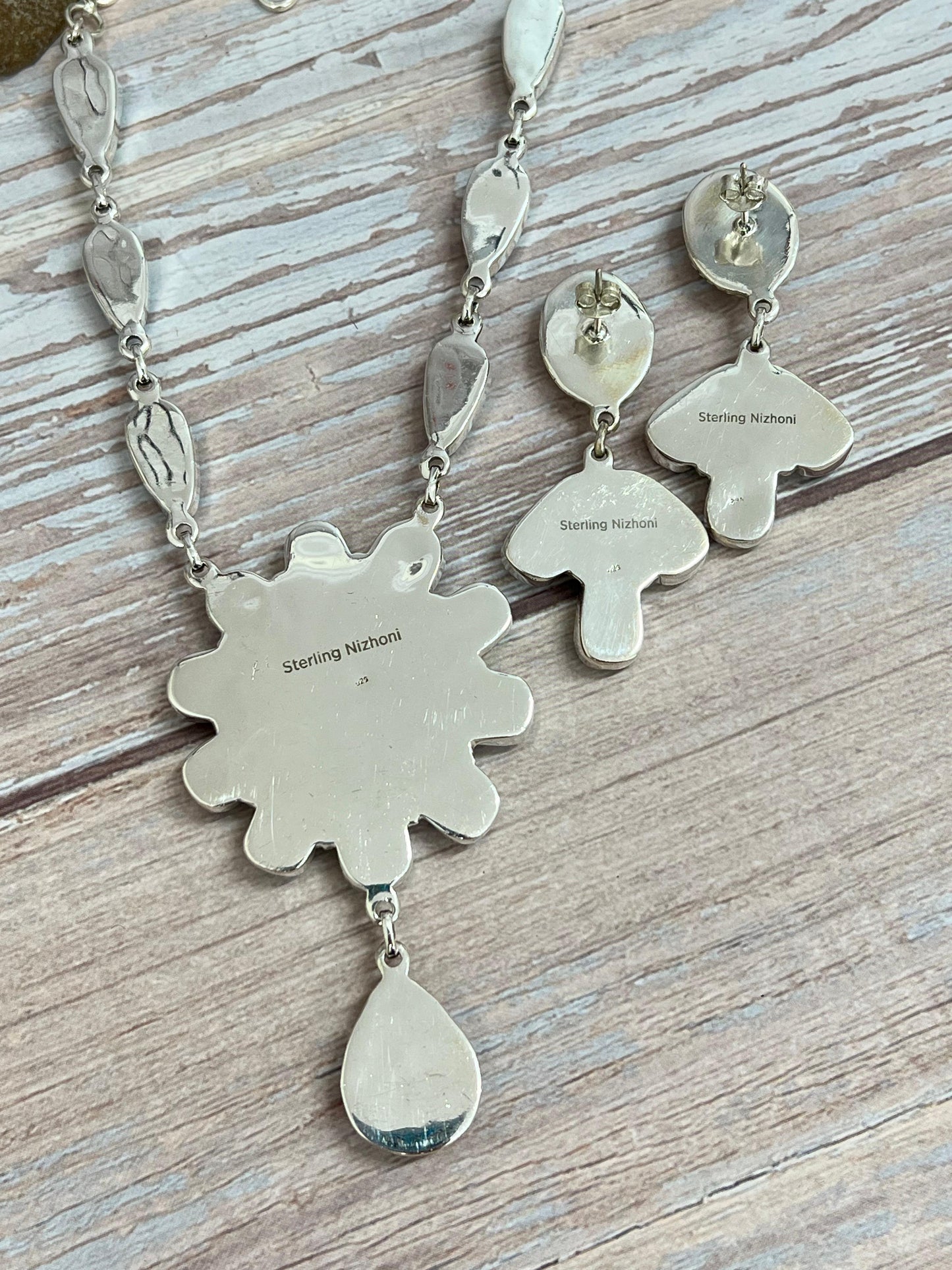 Handmade Sterling Silver Peacock Dahlia with Druzy Necklace Earrings Set with Signed Nizhoni