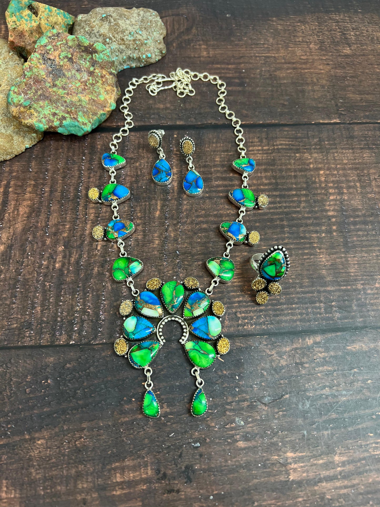 Handmade Sterling Silver Peacock Dahlia with Druzy Necklace, Ring & Earrings Set, Signed Nizhoni