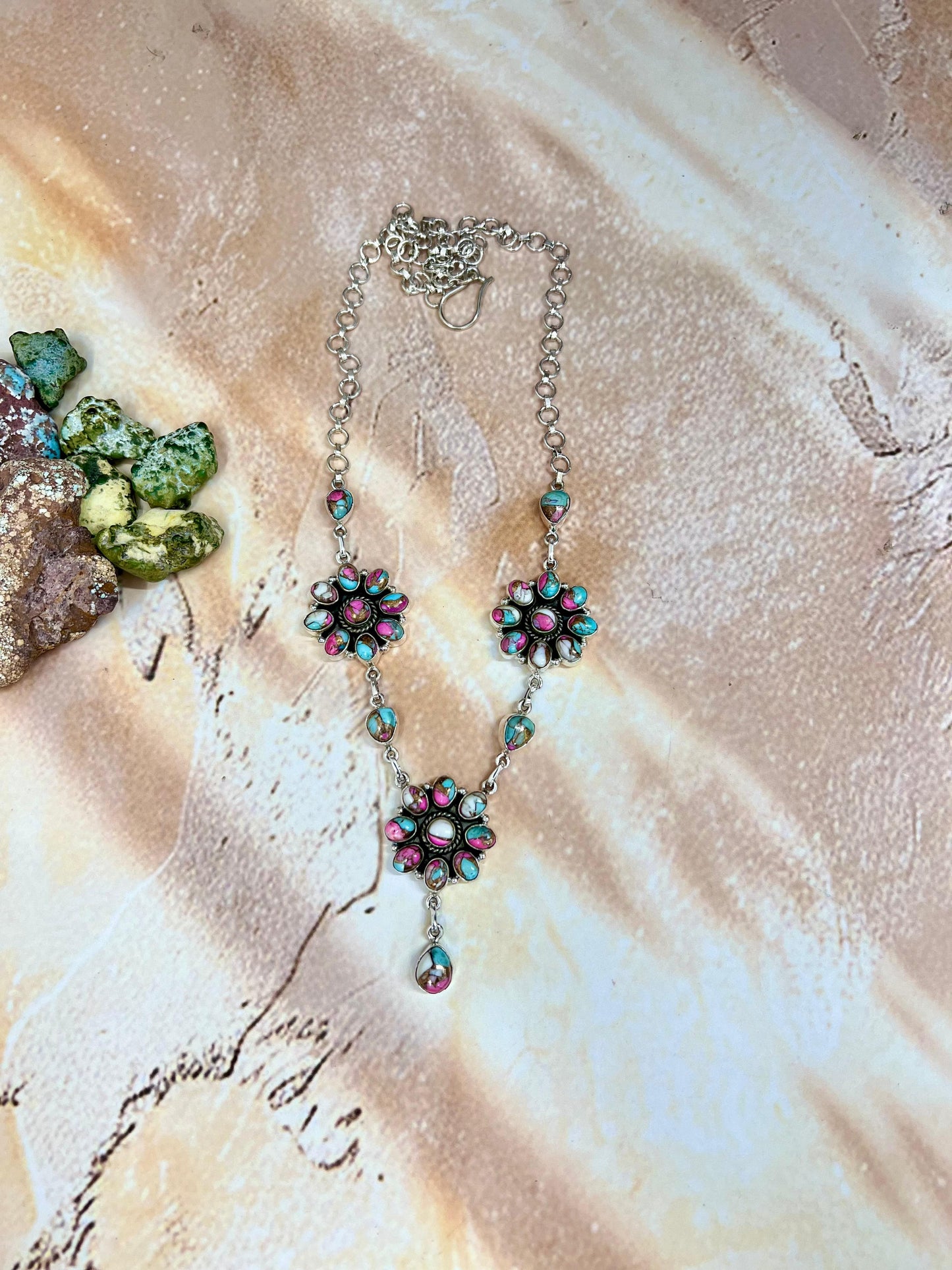 Handmade Sterling Silver Cotton Candy Turquoise Necklace with Signed Nizhoni