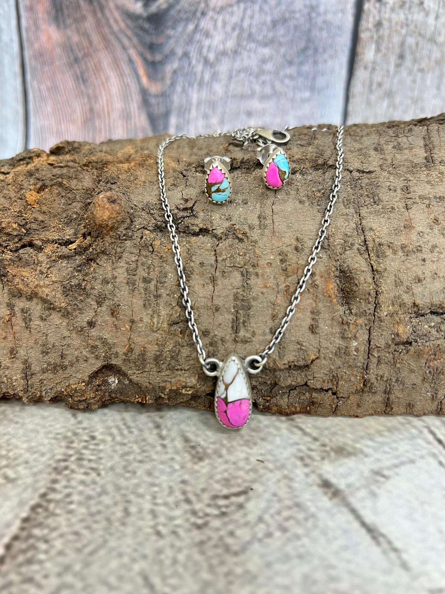 Handmade Sterling Silver Cotton Candy Turquoise Necklace Earrings Set with Signed Nizhoni