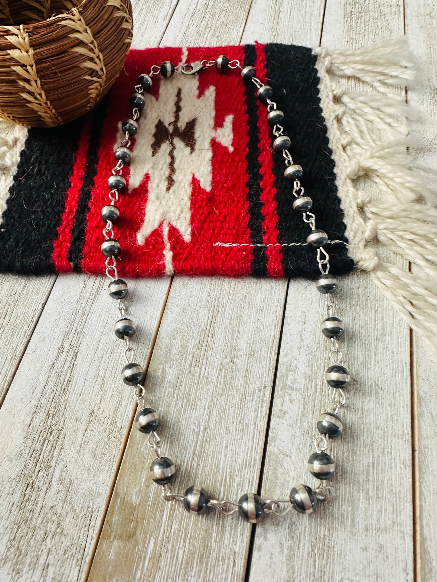 Navajo Sterling Silver Beaded Rosary Style Necklace 22”