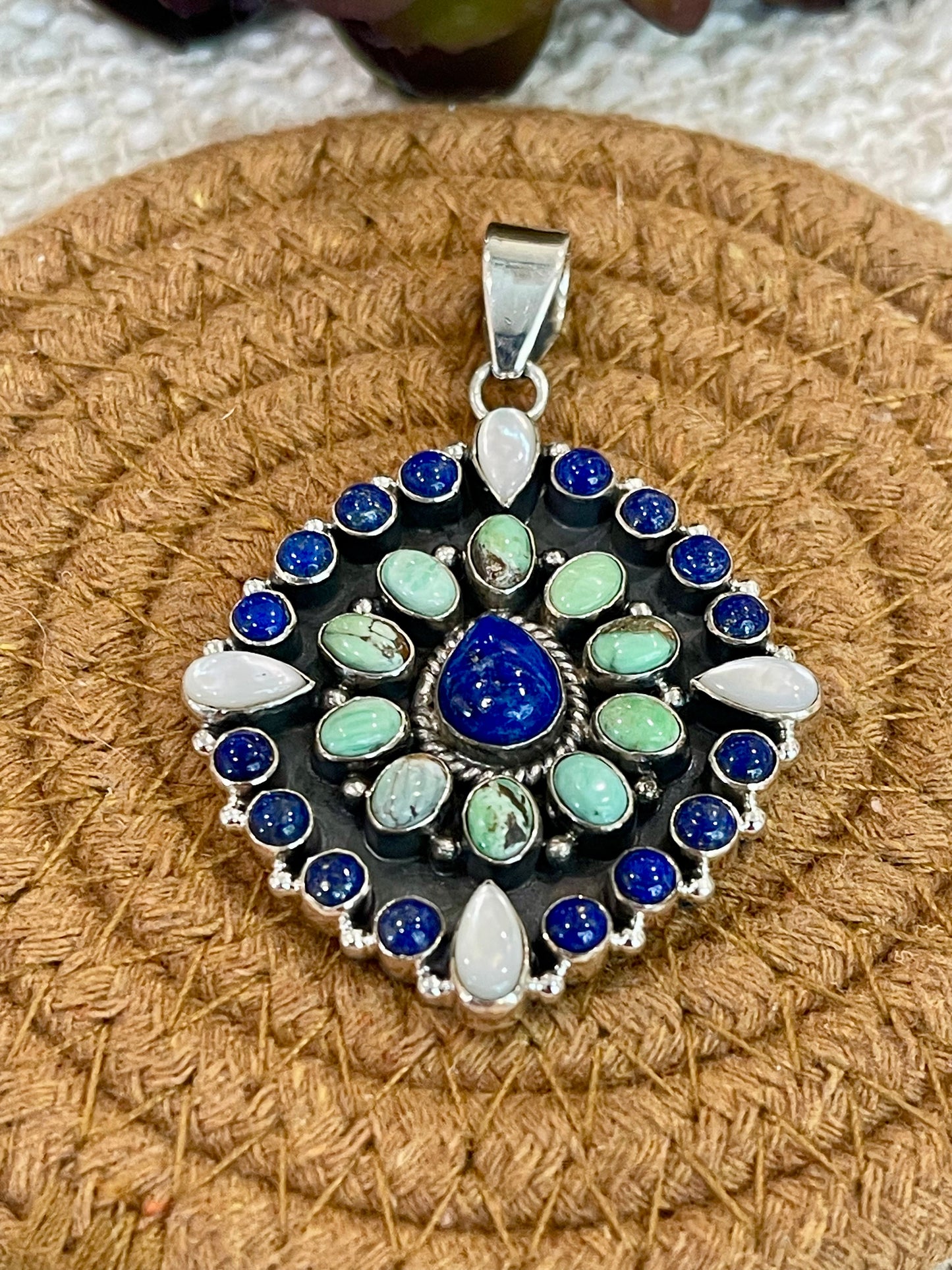 ** 4TH OF JULY ** Handmade Sterling Silver, Lapis & Royston Cluster Pendant with Signed Nizhoni