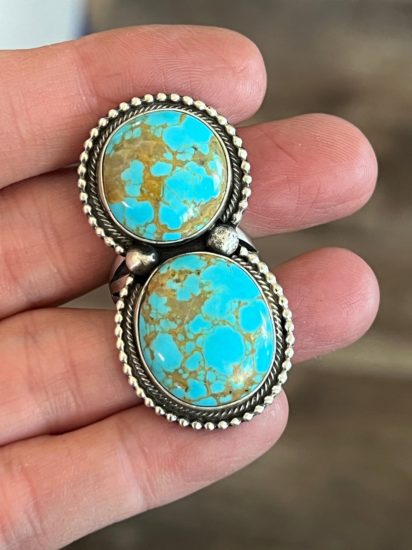 Navajo Sterling Silver and Number 8 Turquoise Ring by Darrin Livingston, Size 9