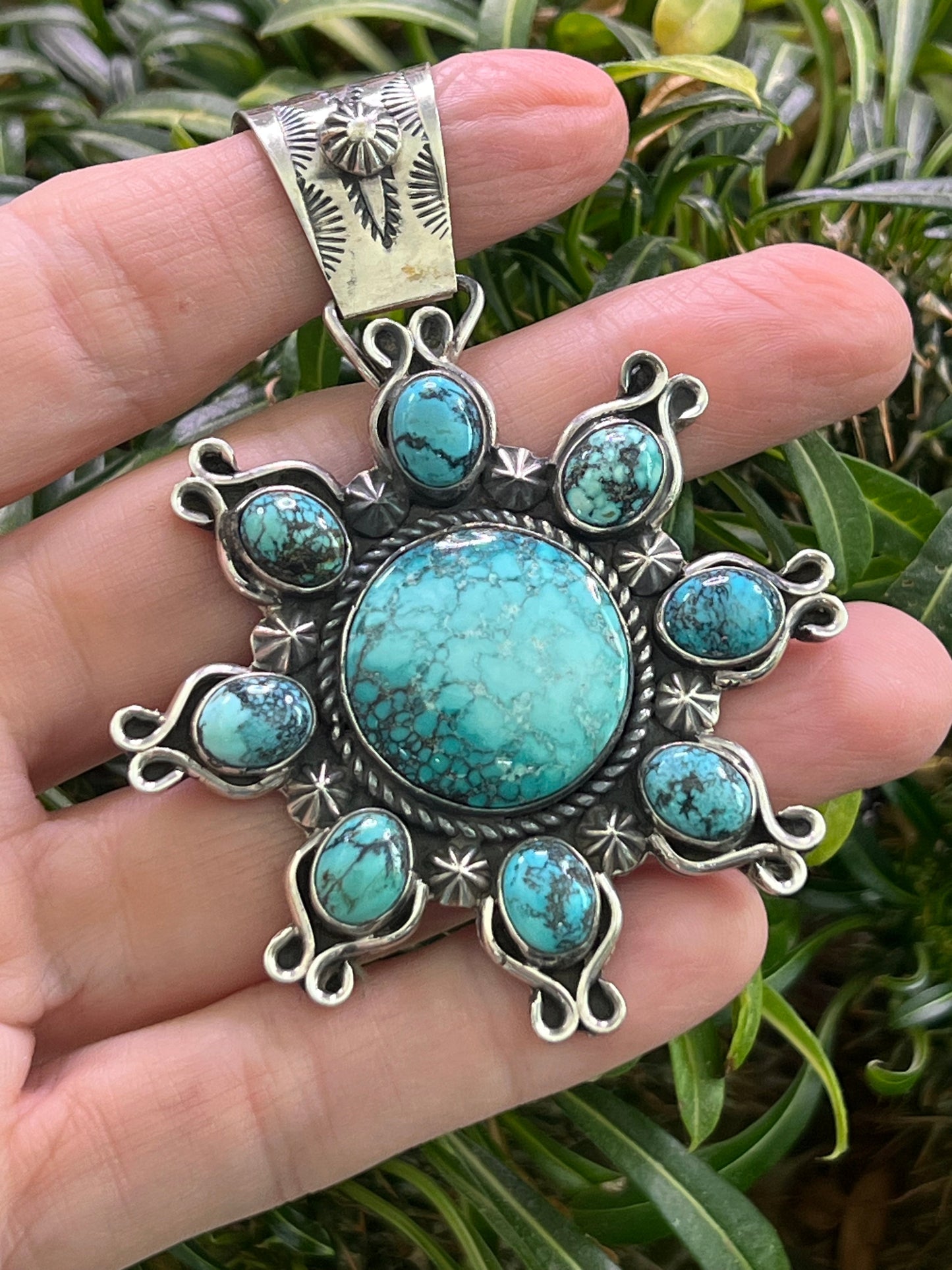 Apache Hubei Turquoise Sunburst Pendant by Rosella Paxson