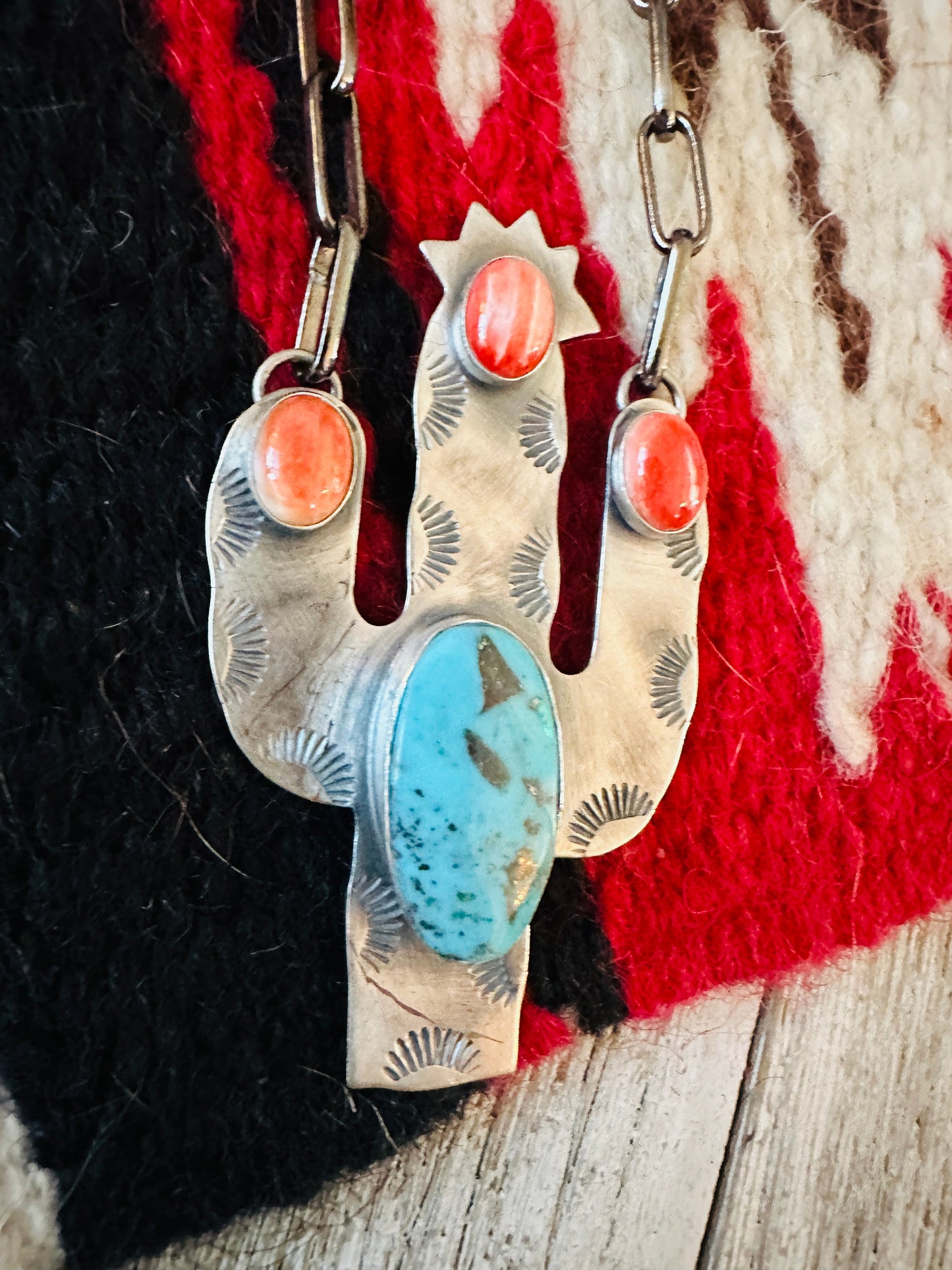 Navajo Sterling Silver, Turquoise & Spiny Cactus Necklace