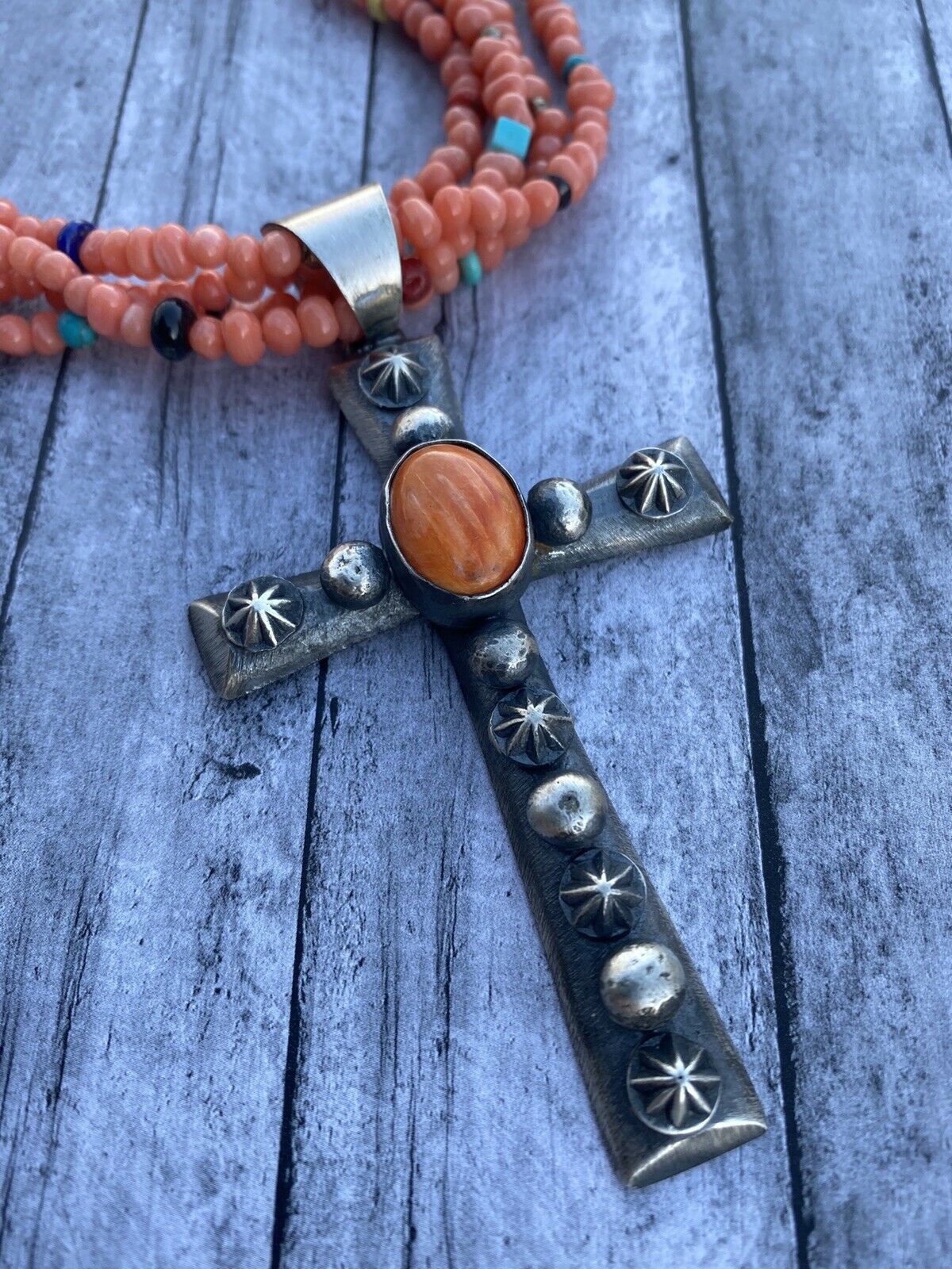 Navajo Sterling Silver & Orange Spiny Shell Cross Pendant Chimney Butte