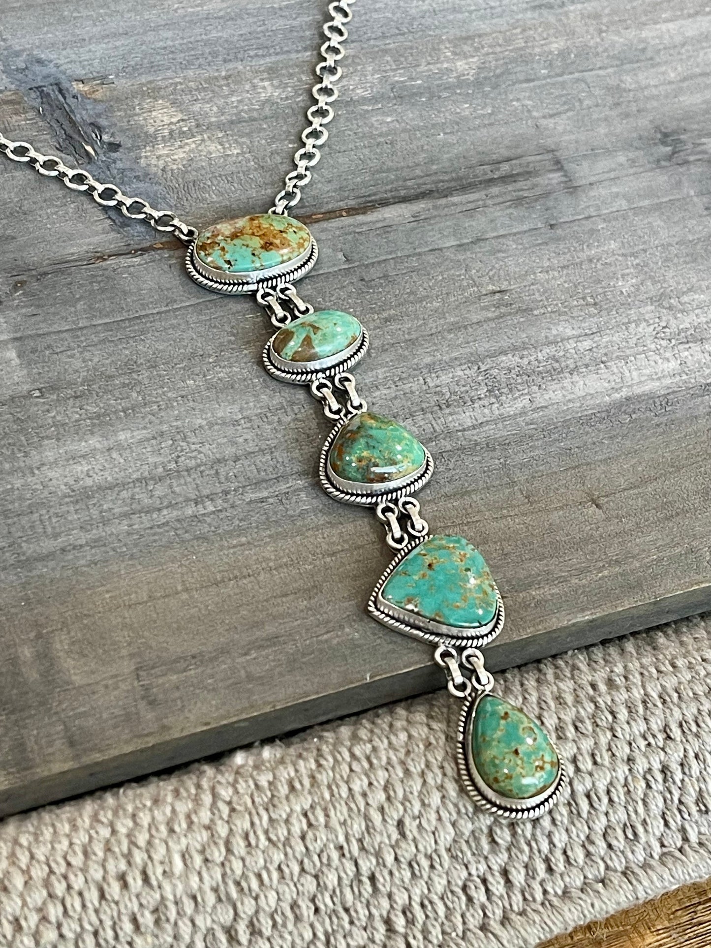 Handmade Sterling Silver & Royston Turquoise 5 Stone Drop Necklace Signed Nizhoni
