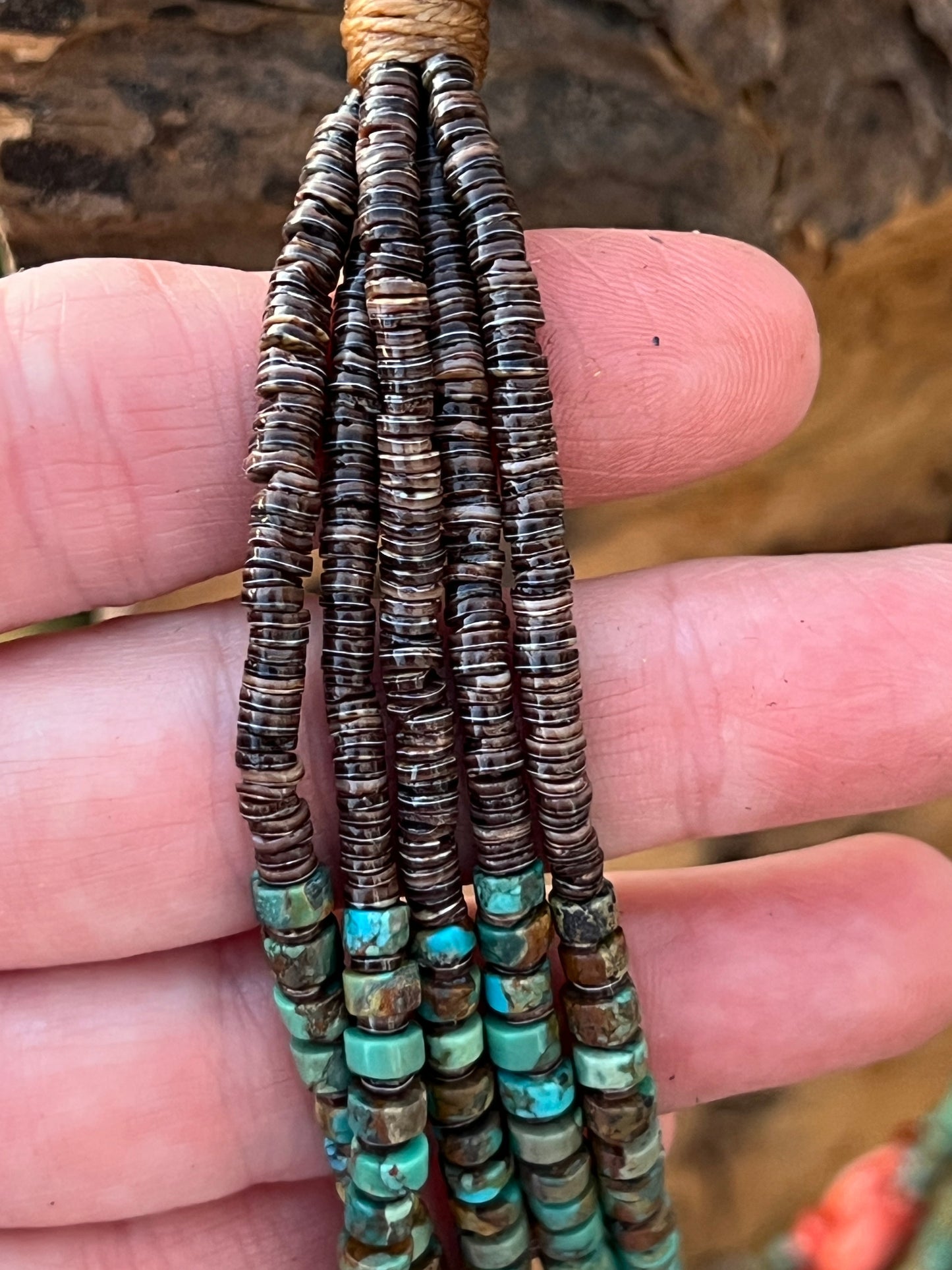 Stunning Navajo Made Five Strand Hubei Turquoise and Spiny Oyster Shell Beaded Necklace with Squaw Wrap