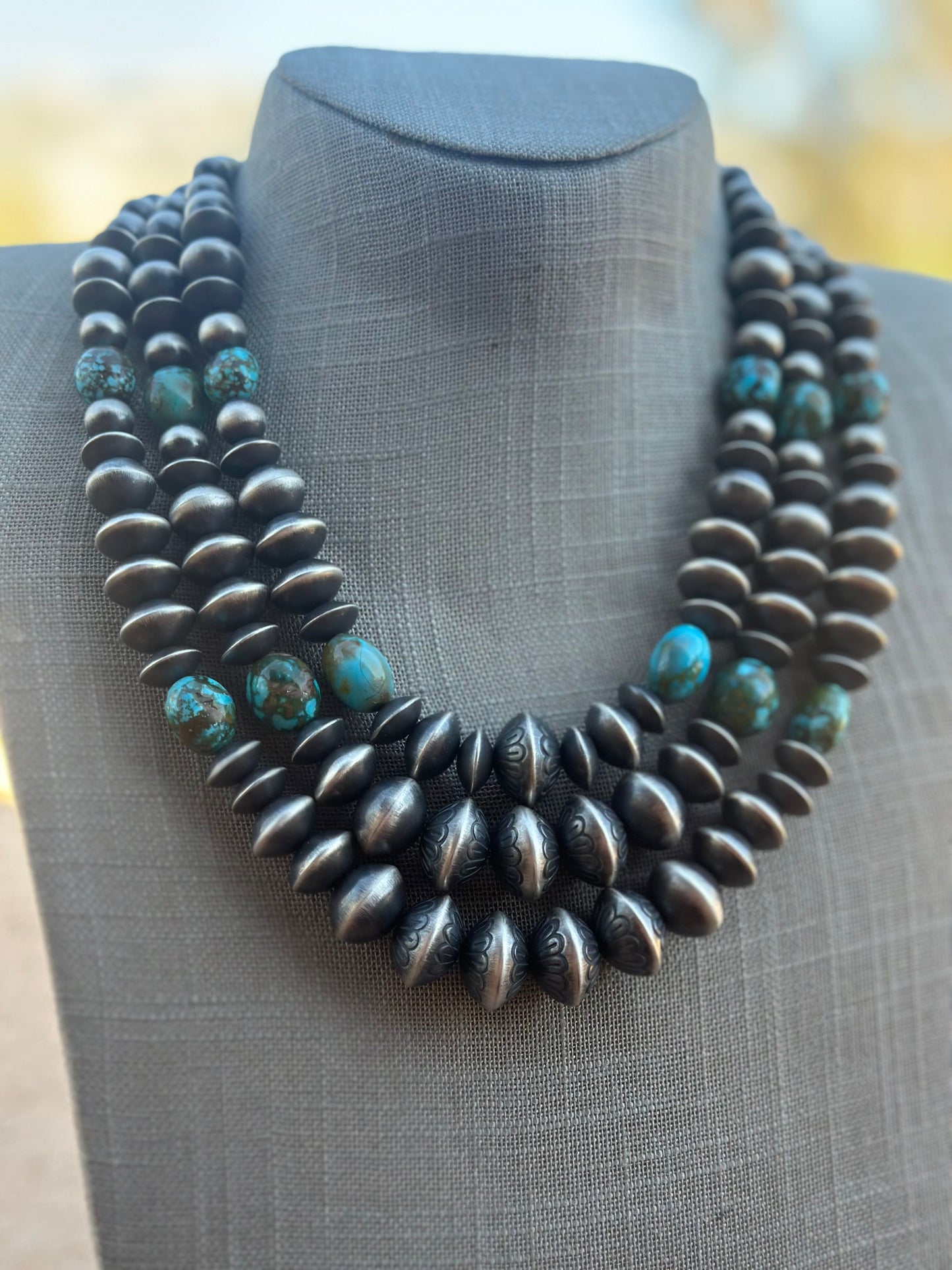 Rose Martin Sterling Silver & Kingman Turquoise Three Strand Navajo Necklace