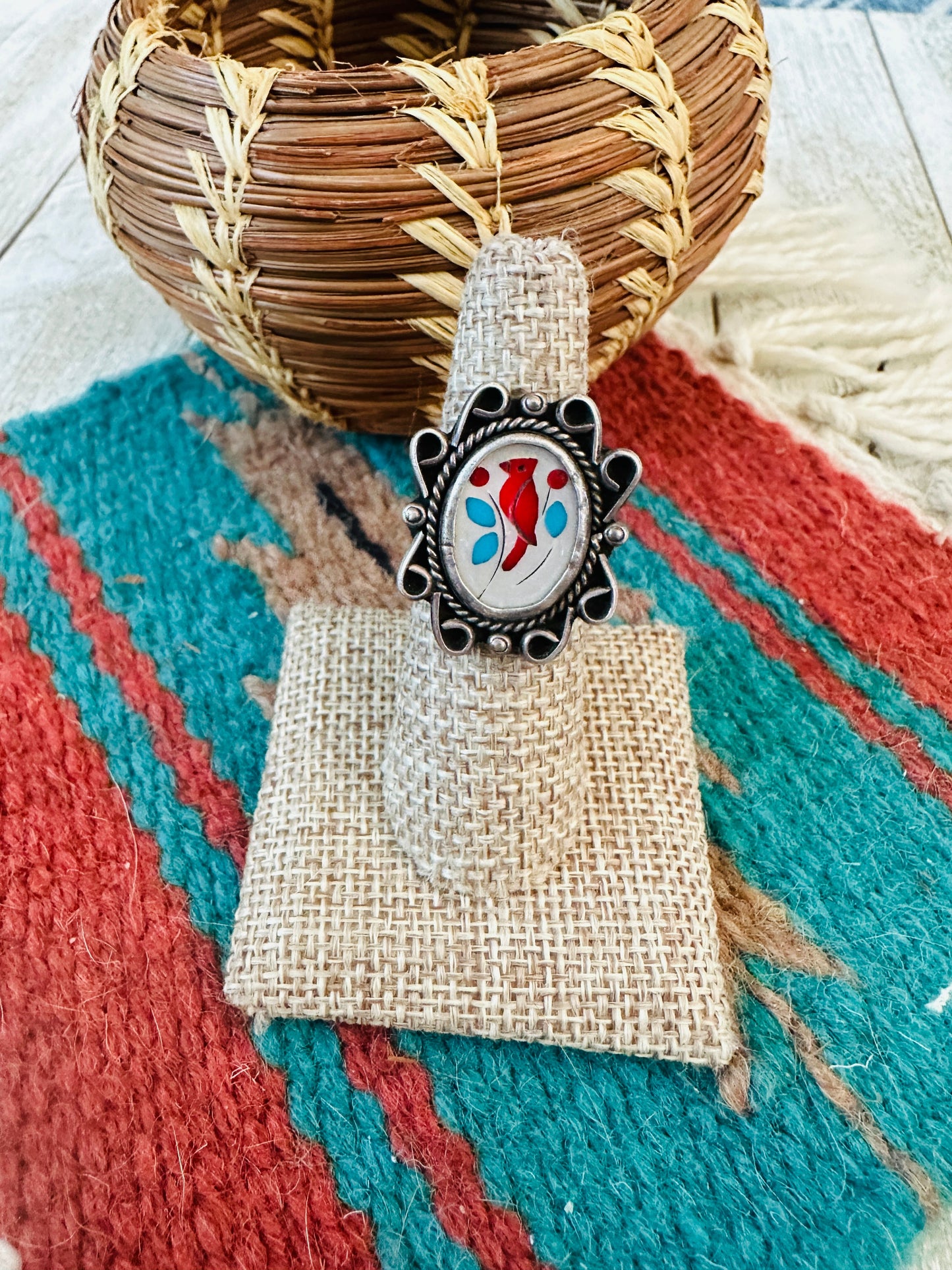 Old Pawn Vintage Zuni Sterling Silver & Multi Stone Inlay Bird Ring Size 5.5