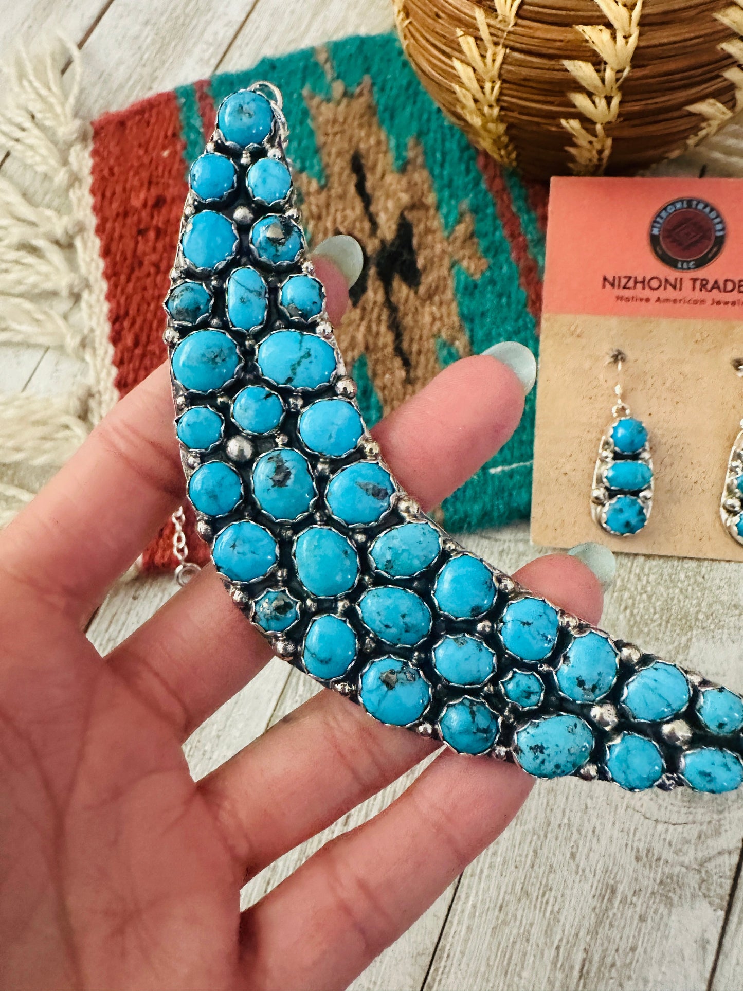 Navajo Sterling Silver & Turquoise Cluster Necklace and Earring Set