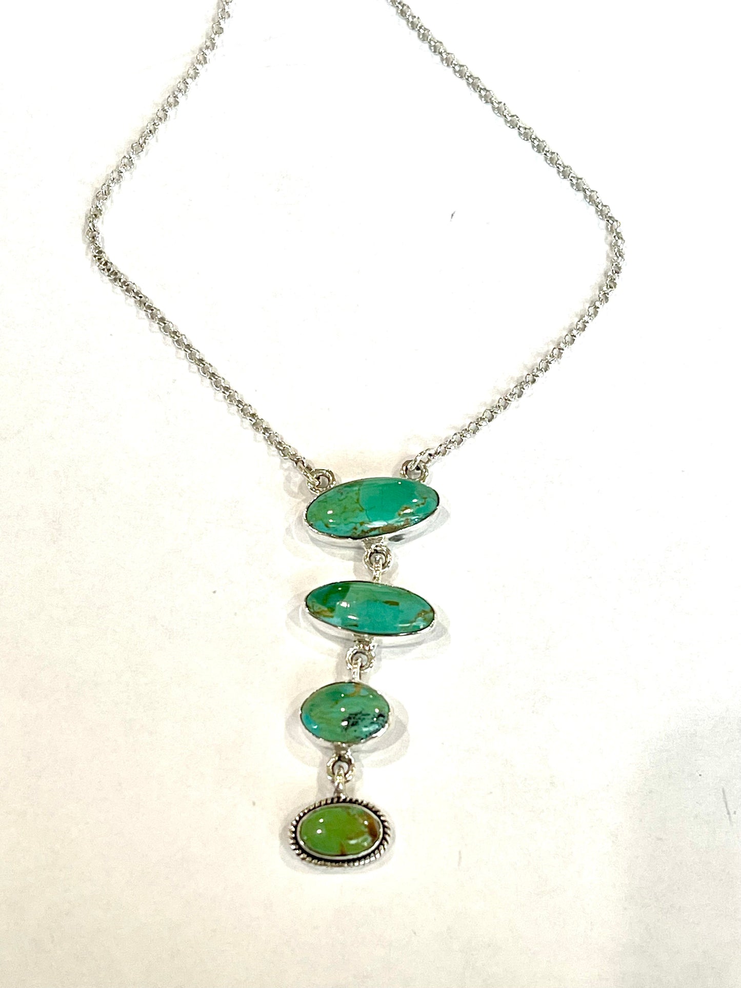 Handmade Sterling Silver & Royston Turquoise 4 Stone Drop Necklace Signed Nizhoni
