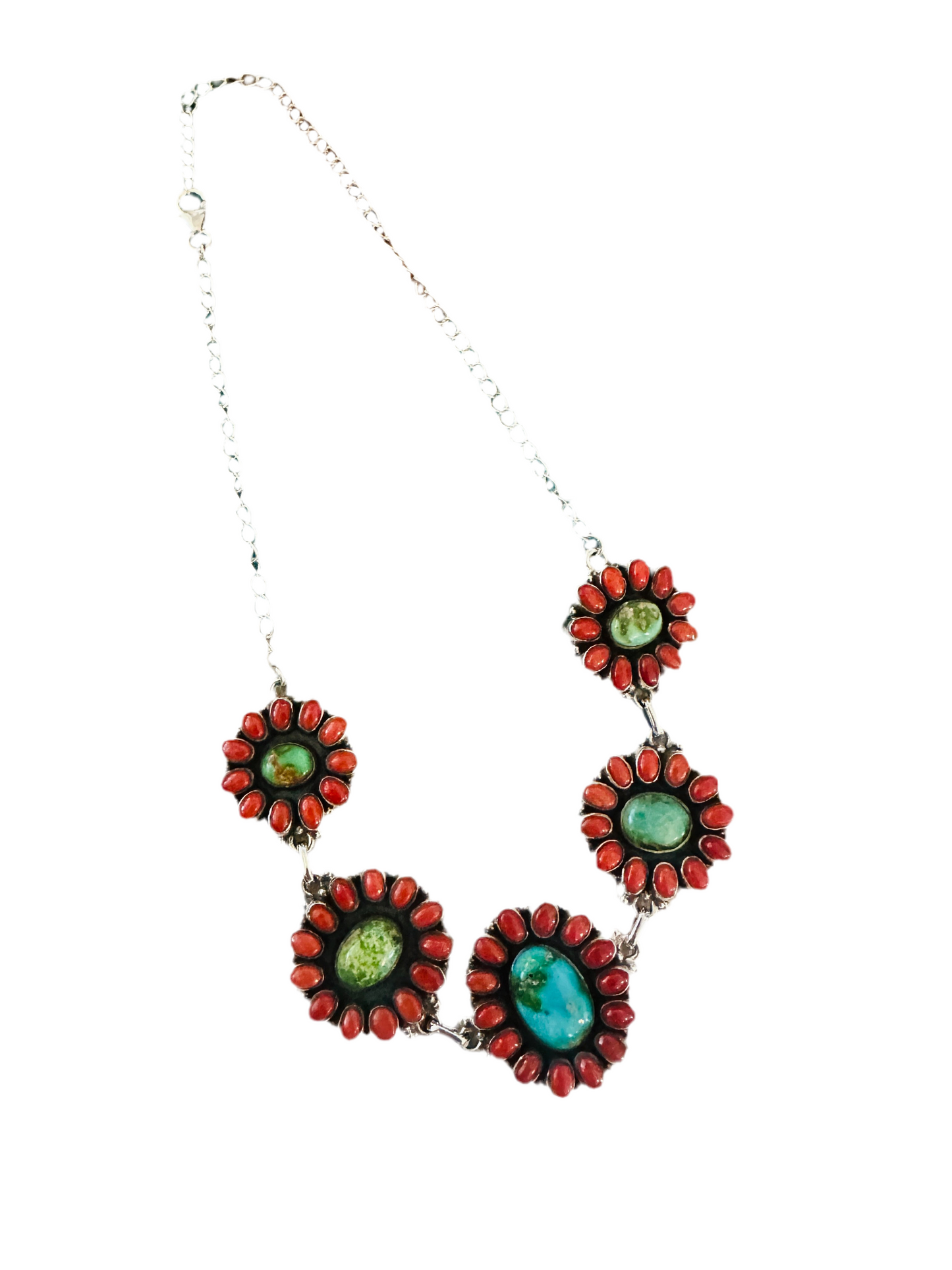 ** Christmas Collection ** Handmade Sterling Silver, Turquoise & Coral Necklace Signed Nizhoni