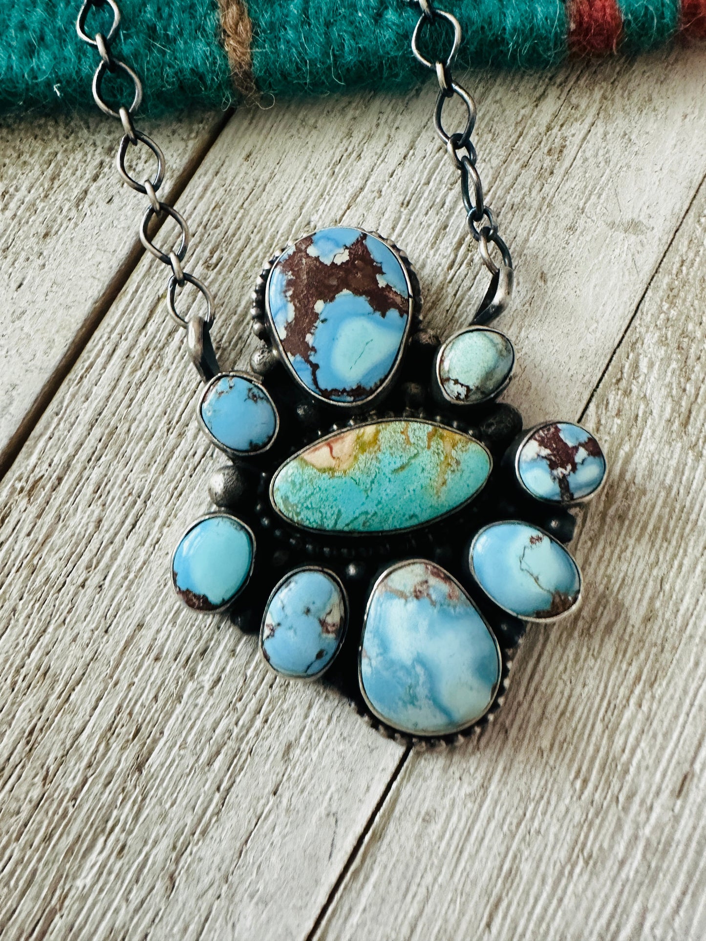 Navajo Sterling Silver & Golden Hills Turquoise Cluster Necklace