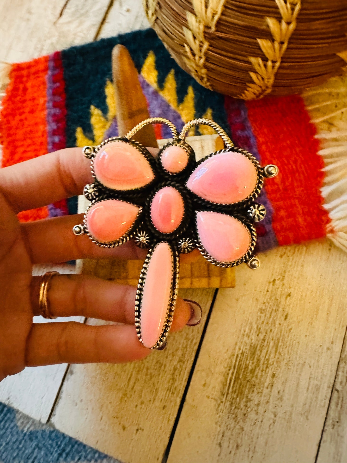 Navajo Sterling Silver and Queen Pink Conch Shell Dragonfly Adjustable Ring