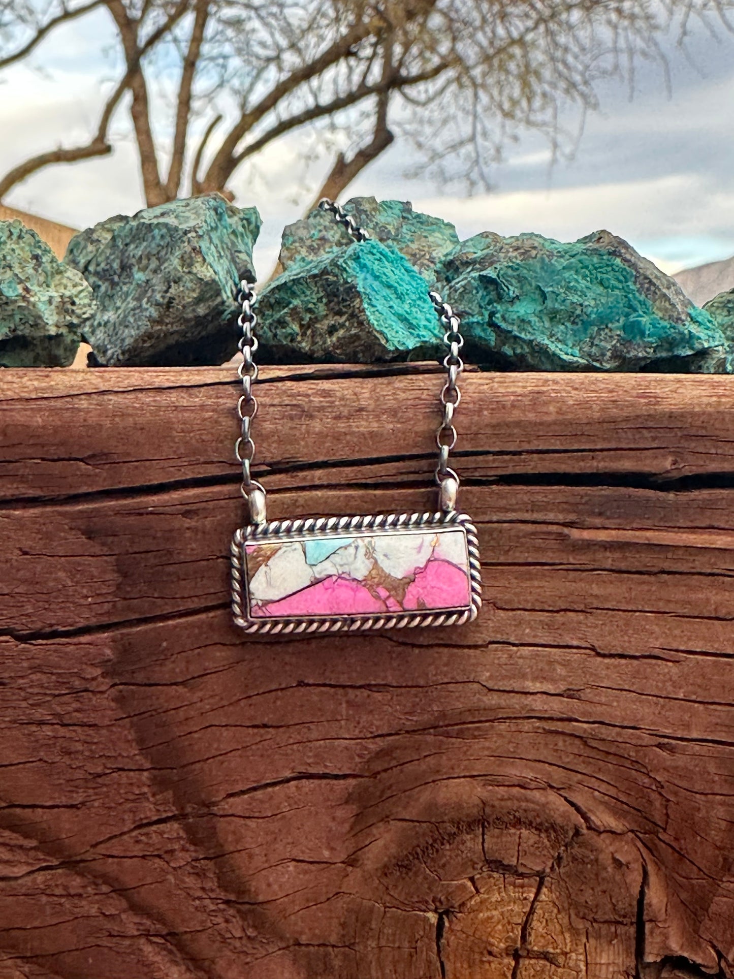 Navajo Cotton Candy Sterling Silver Handmade Bar Necklace