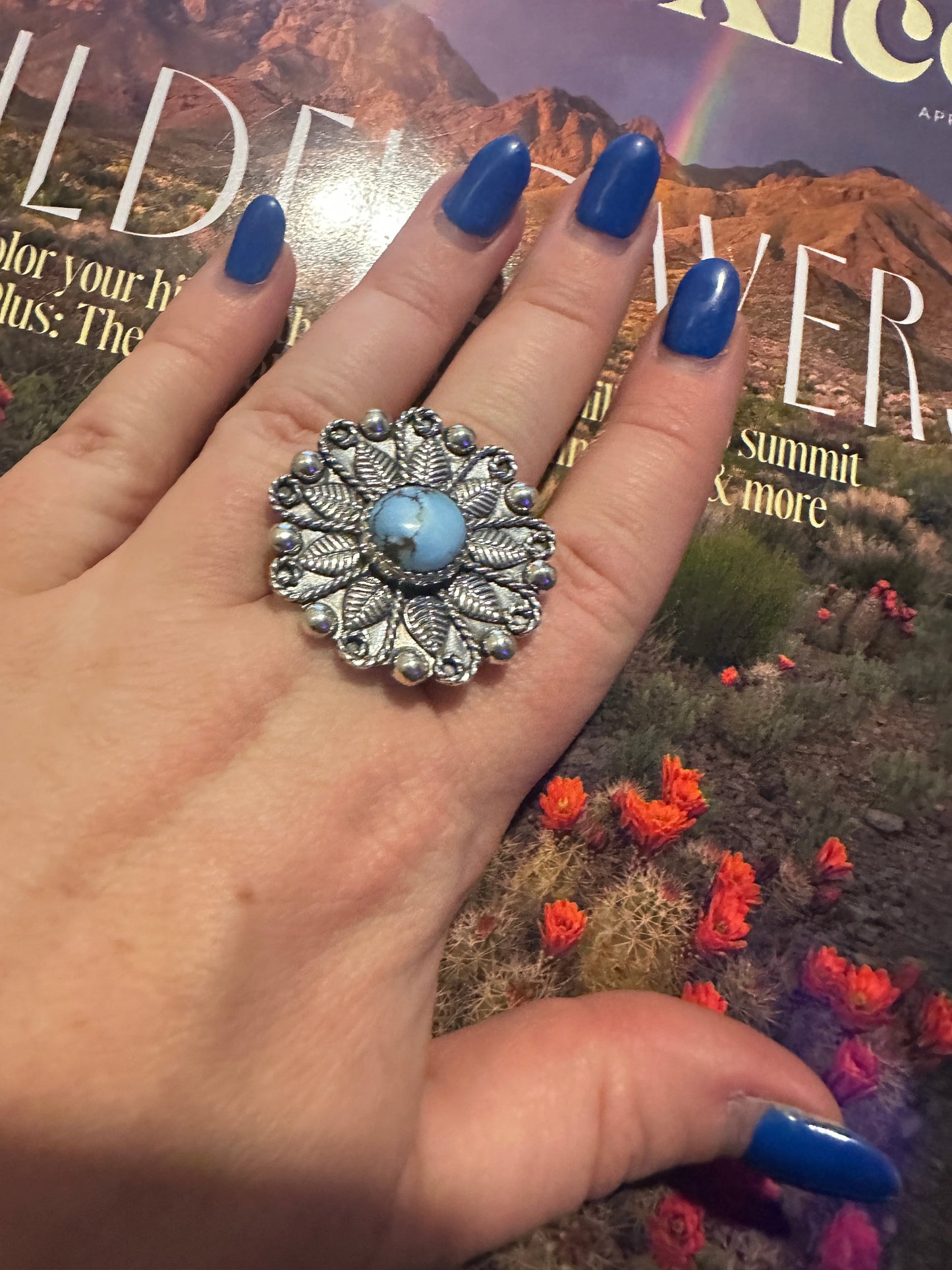Handmade Sterling Silver Golden Hills Turquoise Adjustable FLOWER Ring Signed Nizhoni ROUND