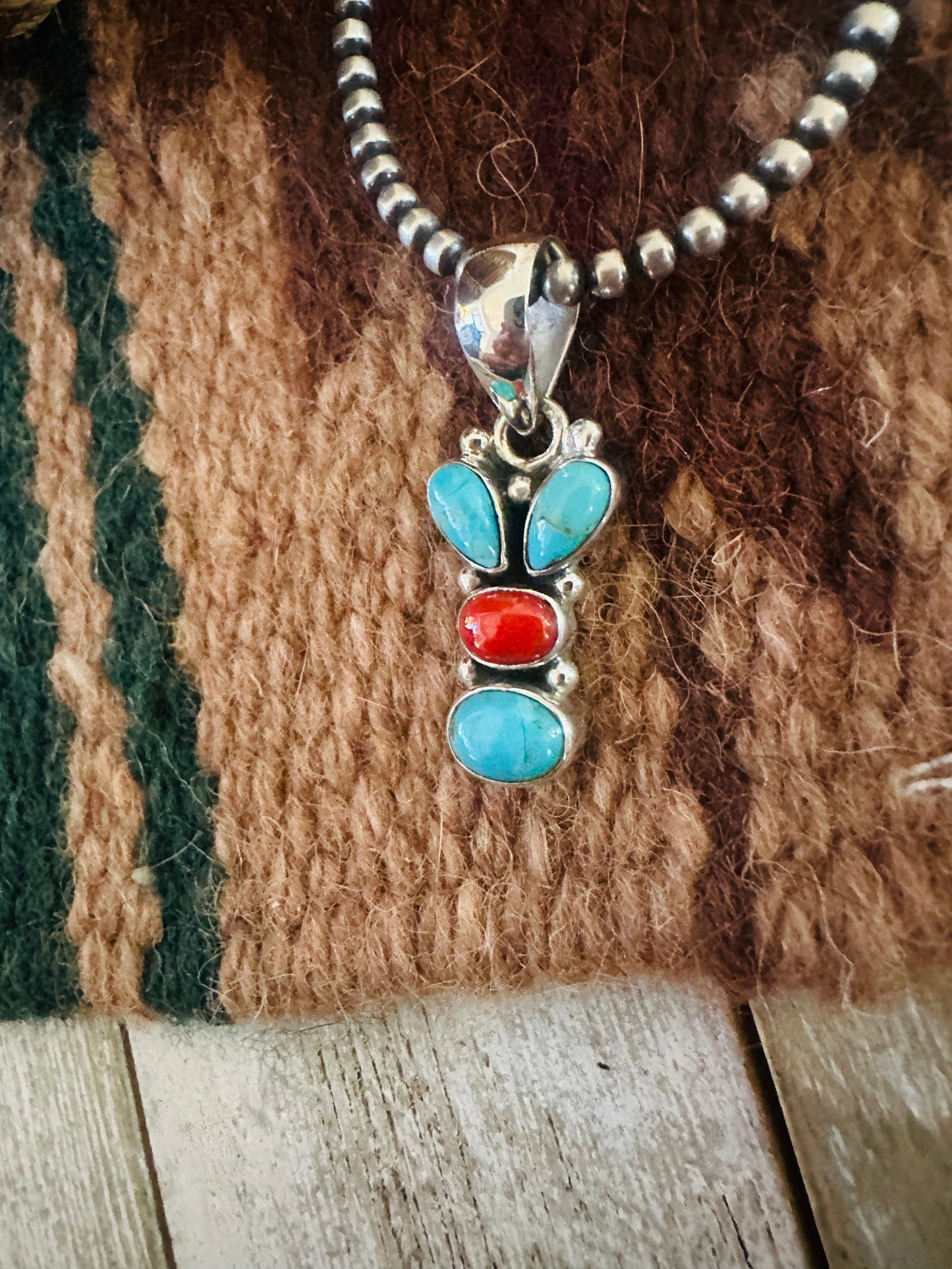 ** Christmas Collection ** Handmade Sterling Silver, Coral & Turquoise Pendant Signed Nizhoni