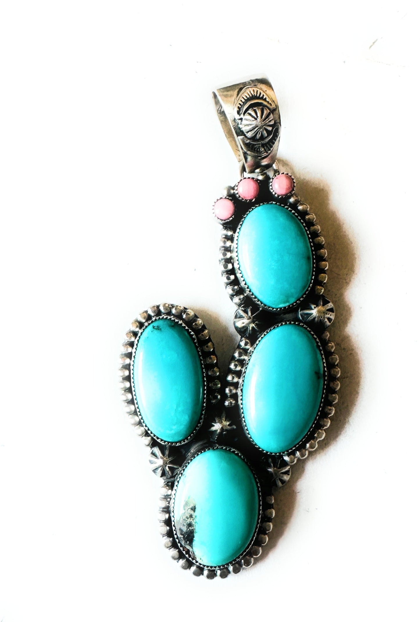 Navajo Turquoise, Queen Pink Conch and Sterling Silver Cactus Pendant